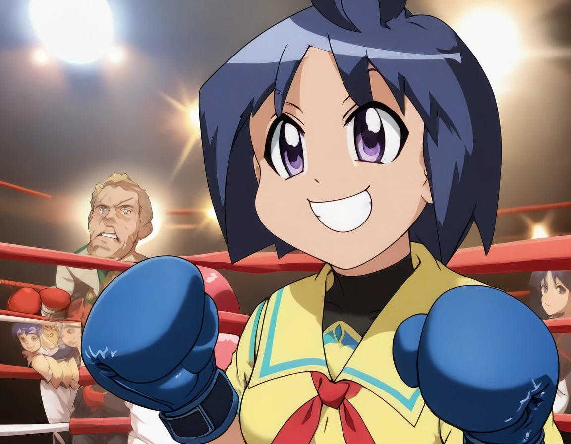 <lora:Smooth Anime 2 Style SDXL_LoRA_Pony Diffusion V6 XL:0.8> score_9, score_8_up, score_7_up,  score_6_up, score_5_up, score_4_up,  source_anime,  BREAK,  <lora:Katagiri Himeko PONY:1> 1girl, katagiri himeko, short hair, blue hair, yellow school uniform, ahoge, purple eyes, in a boxing match, boxing gloves, evil smile