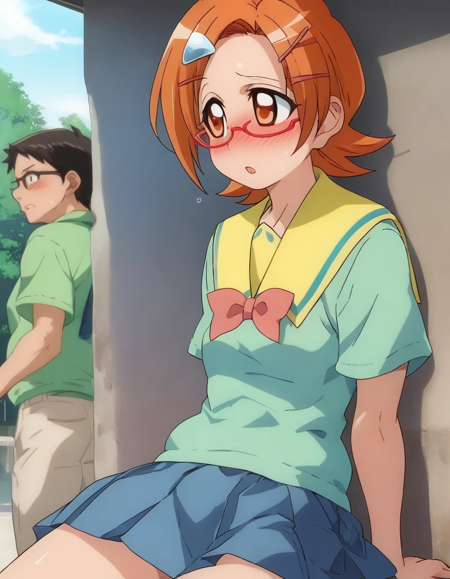 <lora:Smooth Anime 2 Style SDXL_LoRA_Pony Diffusion V6 XL:0.8> score_9, score_8_up, score_7_up, score_6_up, score_5_up, score_4_up, source_anime, BREAK, <lora:Uehara Miyako v2 PONY:1> 1girl, uehara miyako, school uniform, glasses, green shirt, yellow sailor collar, hair ornament, short hair, orange hair, orange eyes, skirt, blushing, outside, sunny