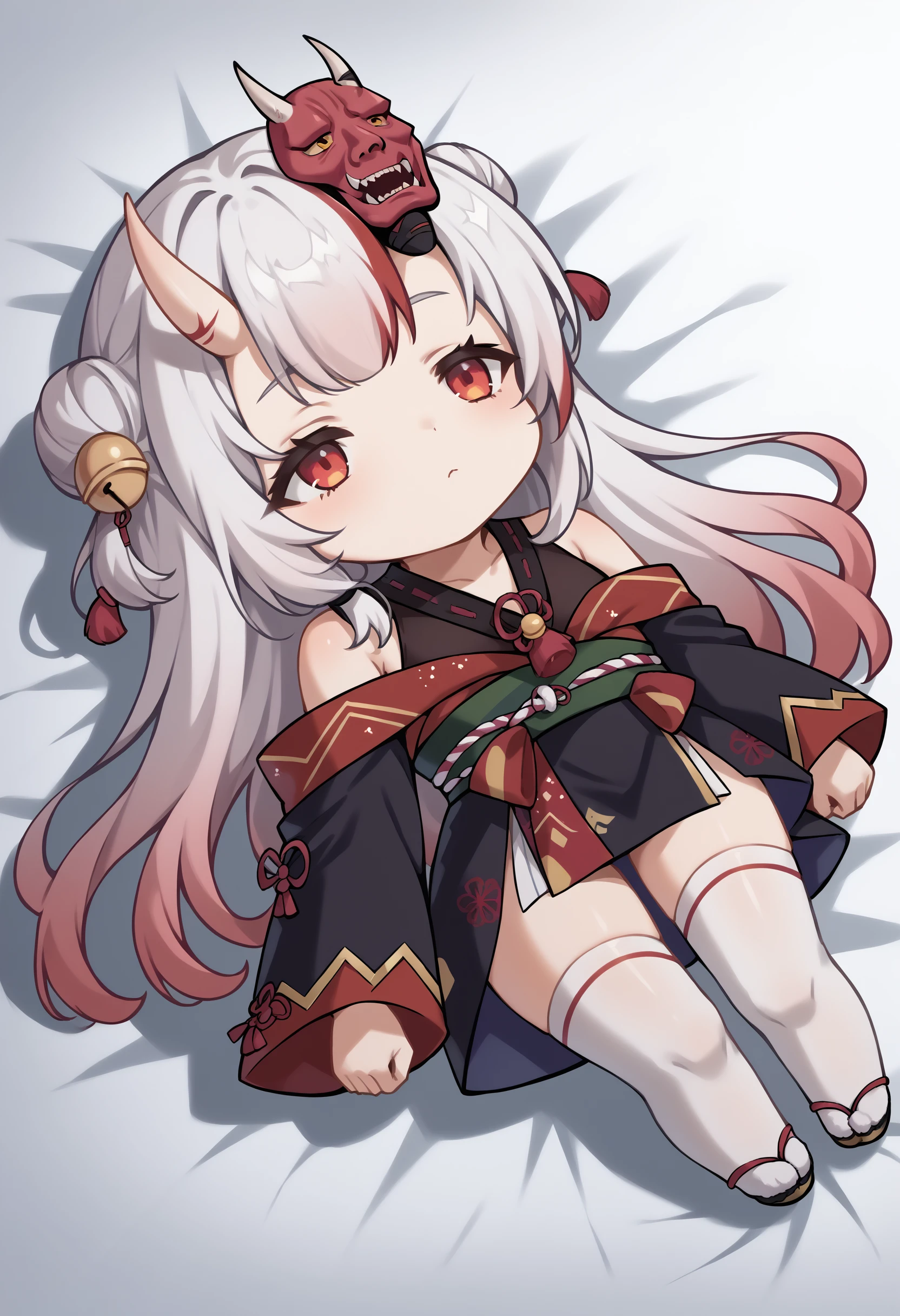 score_9, score_8_up, score_7_up, source_anime, 1girl, QiqiFallen, lying, on back, chibi, <lora:QiqiFallen_XLPD:1.2>, <lora:NakiriAyamePDXL:0.8>, AyameBase, oni horns, long hair, double bun, black kimono, short kimono, hair bell, obi, shimenawa, white thighhighs, bare shoulders, long sleeves, oni mask, mask on head,