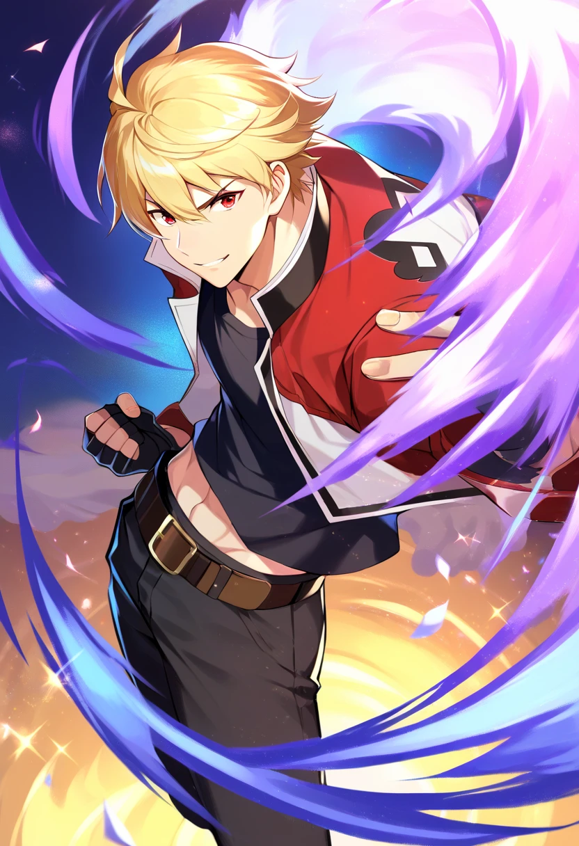 score_9, score_8_up, score_7_up, masterpiece, best quality, amazing quality, best aesthetic, ,absurdres, cute,solo, rock howard,blonde hair, red eyes, red with white jacket, black shirt, black pants, black shoes, belt, black fingerless gloves,midriff peek,score_6_up, purple fiery wings<lora:EMS-367048-EMS:1.000000>