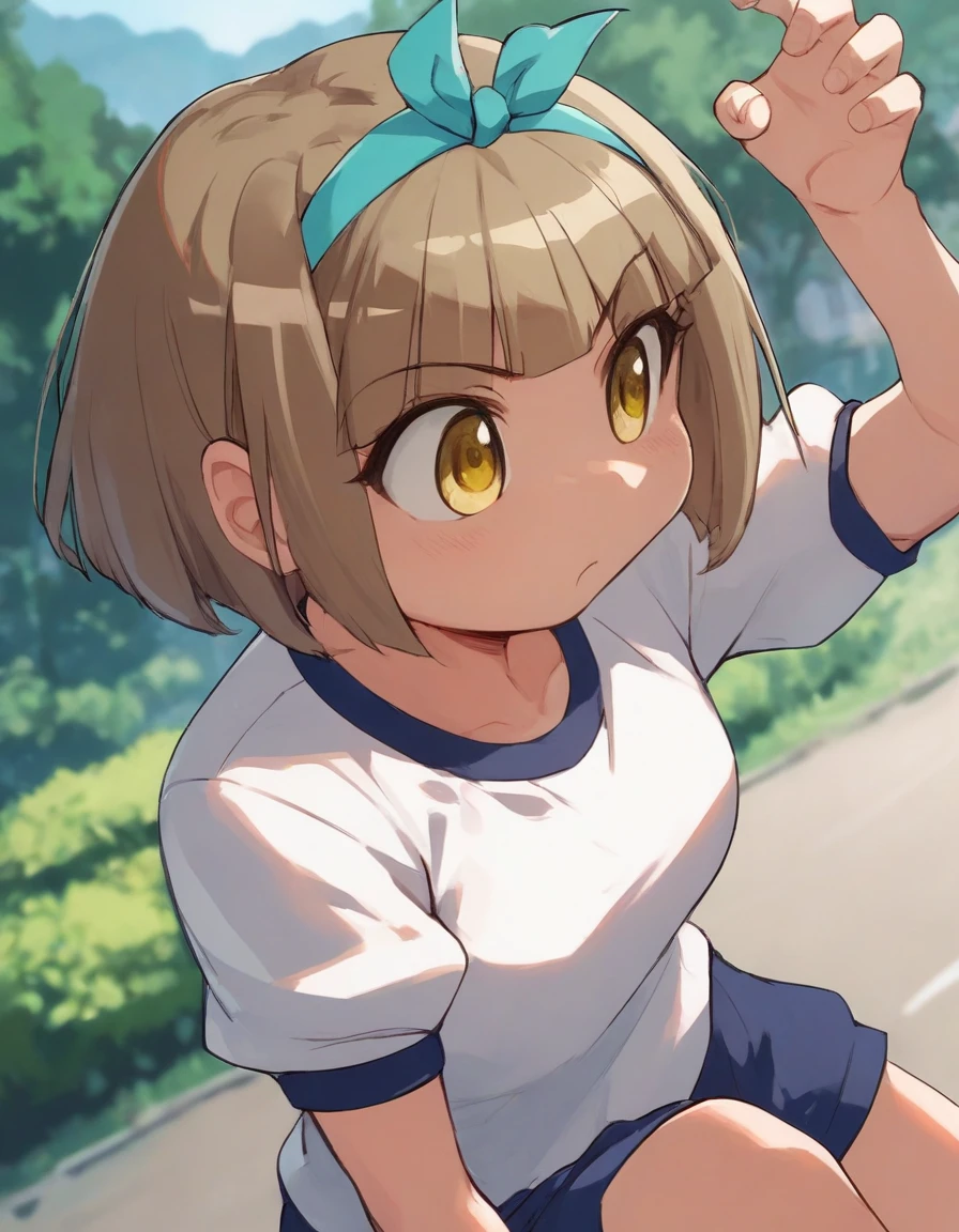 <lora:Smooth Anime 2 Style SDXL_LoRA_Pony Diffusion V6 XL:0.8> score_9, score_8_up, score_7_up,  score_6_up, score_5_up, score_4_up,  source_anime,  BREAK,  <lora:Yuzuko Kurusu PONY:0.8> 1girl, yuzuko kurusu, brown hair, short hair, hairband, teal ribbon, yellow eyes, gym uniform, dynamic pose