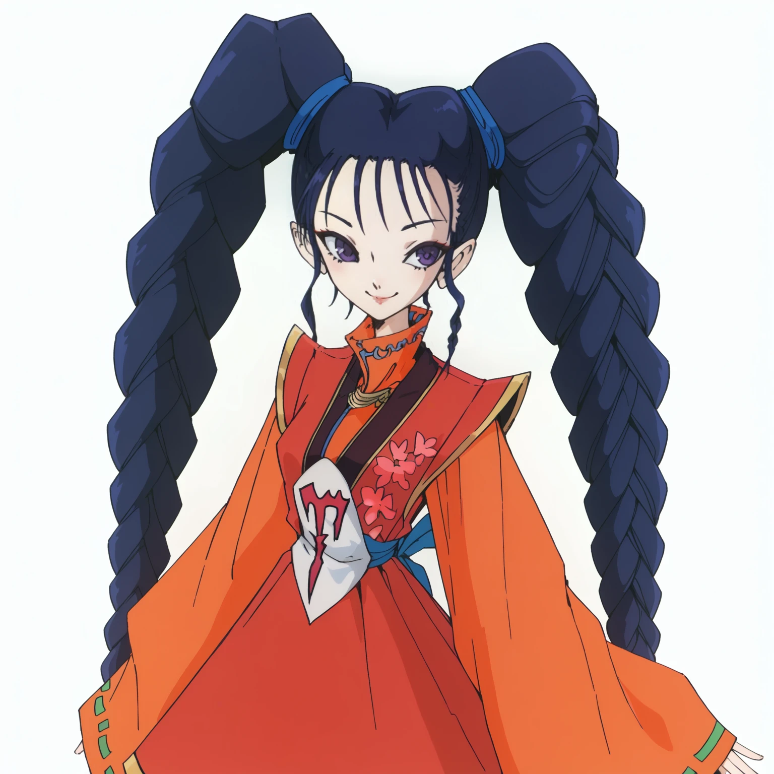 <lora:PrincessTIGHTNAVENXLpony001>,
solo,
PrincessTIGHTNAVEN,1girl,blue hair,twintails,twin braids,purple eyes,
red dress,wide sleeves,
smile,
