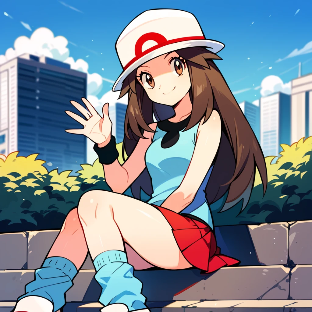 score_9, score_8_up, score_7_up, score_6_up, best quality, source_anime, cel shading, flat color, vector, detailed background, blue background, city, BREAK 1girl, solo, leaf_(\pokemon\), brown hair, long hair, brown eyes, white hat, blue sleeveless shirt, red skirt, blue socks, white shoes, wristbands, sitting, looking at viewer, waving, smile, <lora:PDXL_Leaf_PKMN:1>