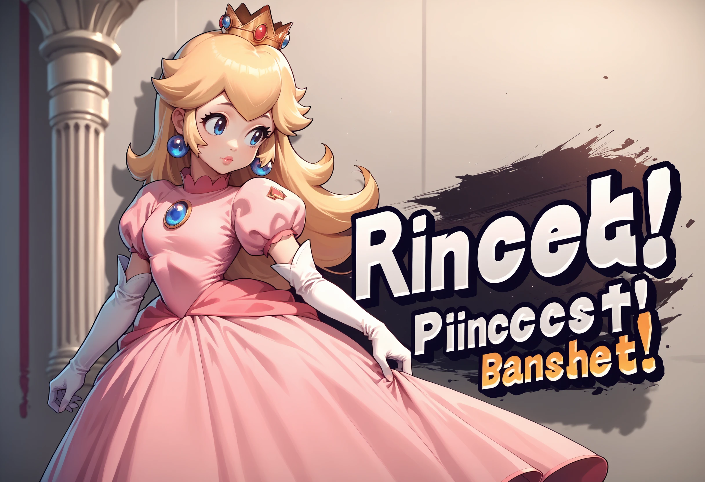 score_9, score_8_up, score_7_up, source_anime, 1girl, SSBUSplashArt, english text, <lora:SSBUSplashArt_XLPD_1:1.4>,  <lora:PrincessPeach_XLPD:0.8>, princess peach, pink dress, elbow gloves, crown,