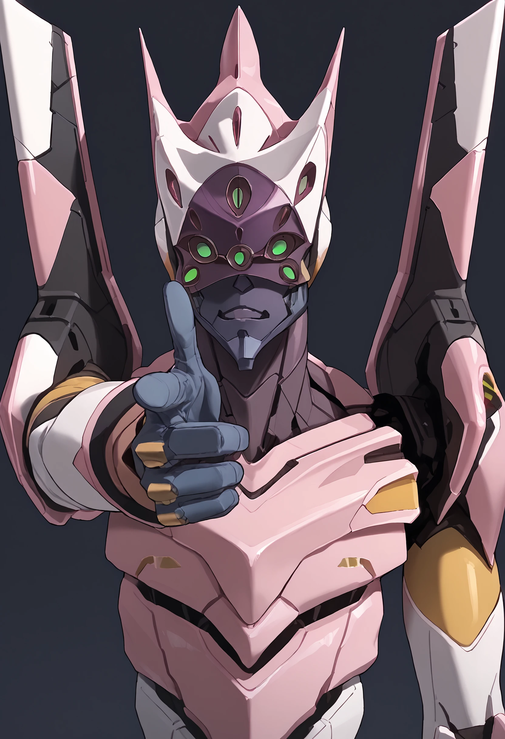 scrore_9, score_8_up, score_7_up, source_anime, upper body, finger gun, pointing at viewer, eva unit-08, no humans, mecha, extra eyes, green eyes, shoulder armor,<lora:Fingergun_XLPD:1>, <lora:Degen_EVA_Unit-08_v2-000009:1.25>,