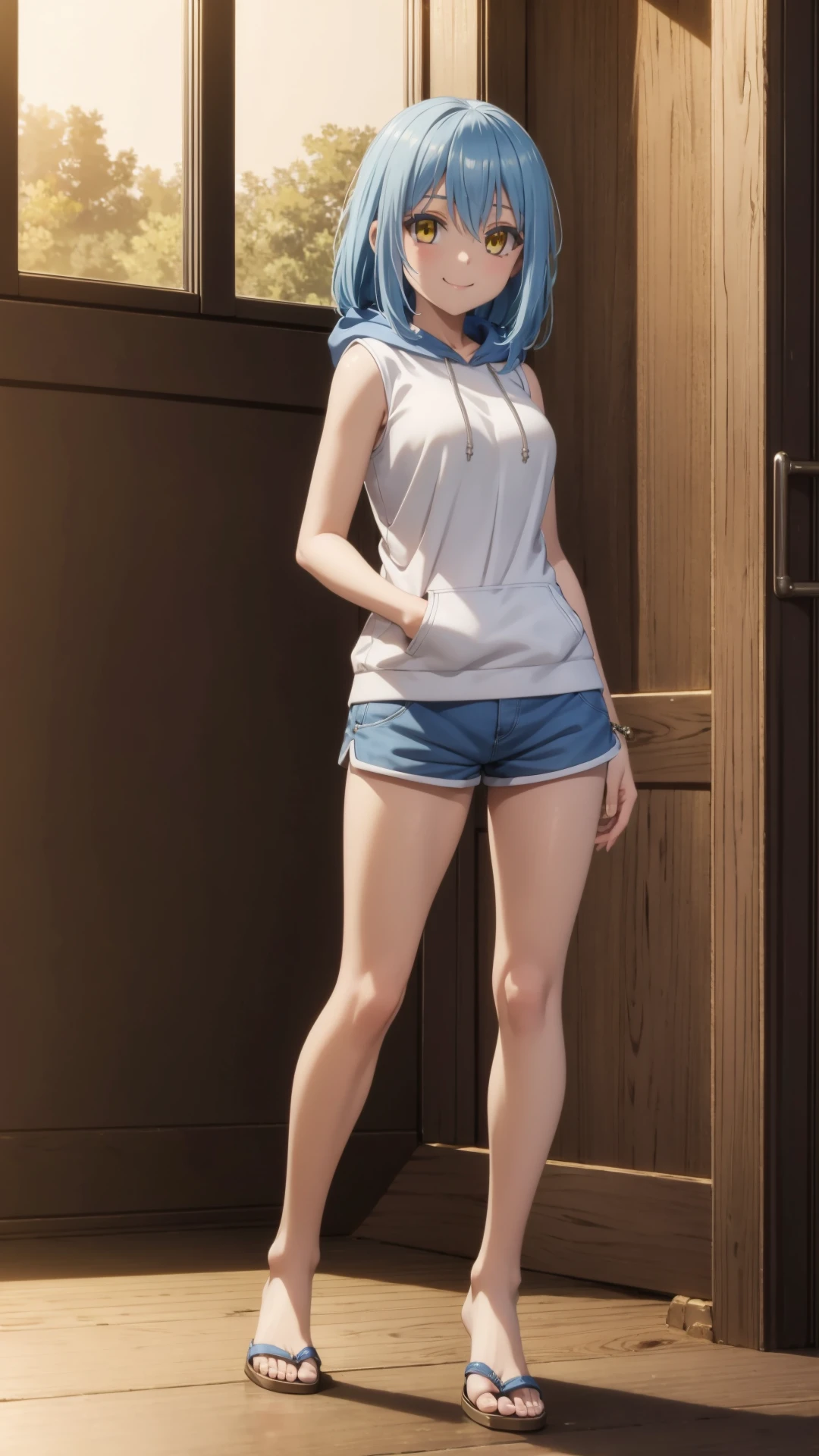 (masterpiece, best quality),ray tracing,absurdres, HDR,rimuru tempest, nikki, 1girl, large breasts,  yellow eyes, blue hair,long hair,  , solo, sleeveless, long hair, hood, hoodie, indoors, hair between eyes, sleeveless hoodie, looking at viewer, bangs, ,blue shorts,blush,smile,,,standing, sandals,full body, <lora:rimuru nikki_07:0.7>
 <lora:sandals_v3:0.7>