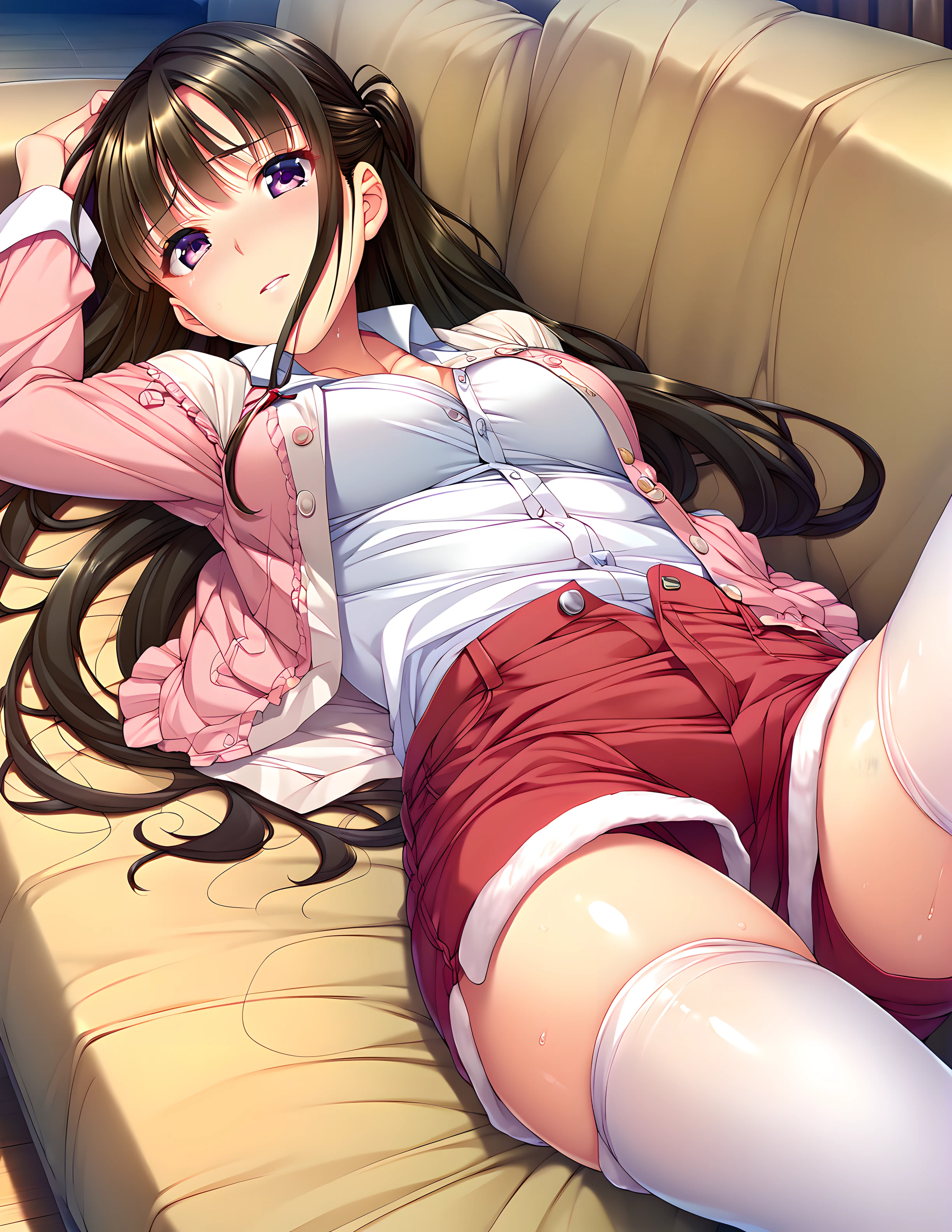 <lora:pony_xl_mitsuki:0.8>,mitsuki,score_9,score_8_up,score_7_up,source_anime,1girl,solo,looking at viewer,long sleeves,open_clothes,collared shirt,buttons,red shorts,short shorts,white thighhighs,couch,on back,embarrass,