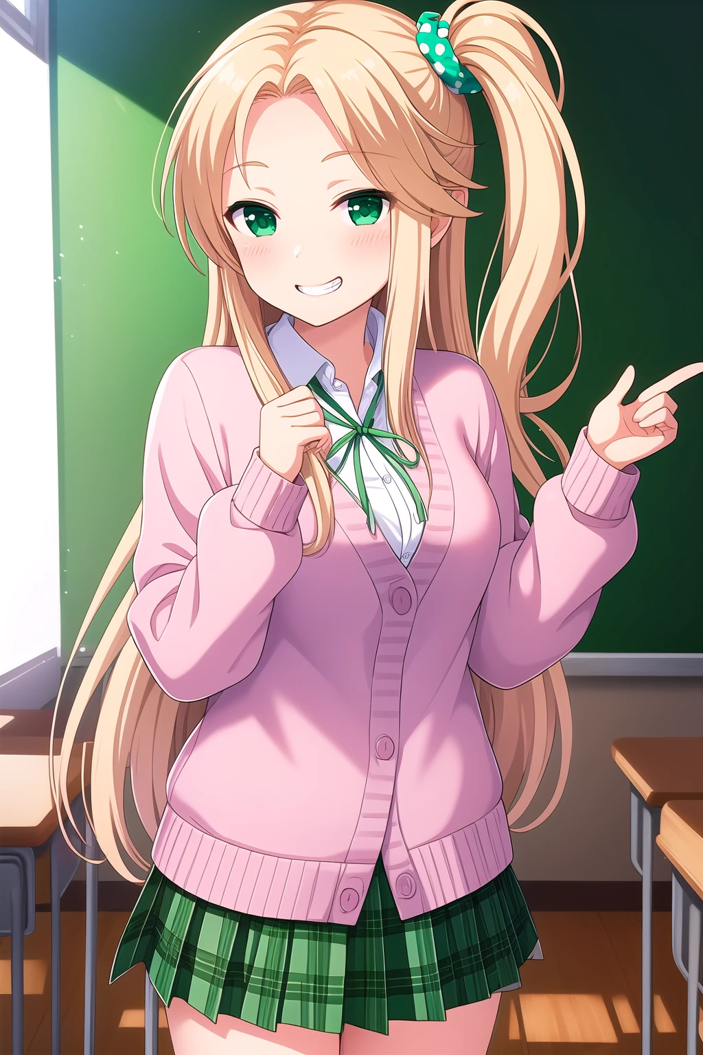 (masterpiece, best quality), highly detailed background, perfect lightingbest quality, hayashidakira, solo, indoors, classroom, blonde hair, one side up, hair scrunchie, green scrunchie, polka dot scrunchie, parted bangs, forehead, very long hair, green eyes, medium breasts, pink cardigan, buttons, green ribbon, neck ribbon, white shirt, long sleeves, green skirt, plaid skirt, school uniform, smile, grin, pink lips, <lora:Hayashida-Kira:0.7>