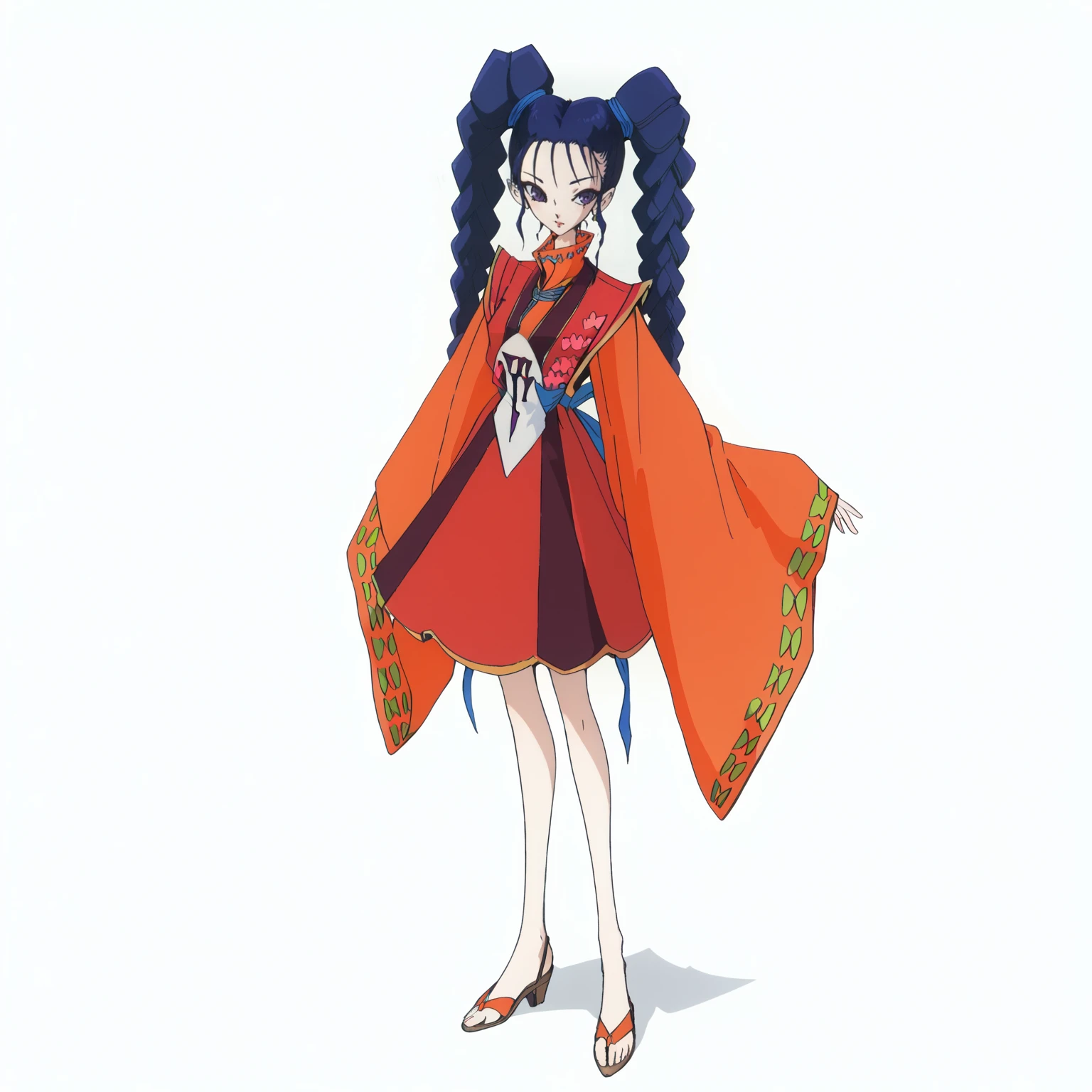 <lora:PrincessTIGHTNAVENXLpony001>,
solo,
PrincessTIGHTNAVEN,1girl,blue hair,twintails,twin braids,purple eyes,
red dress,wide sleeves,
full body,standing,