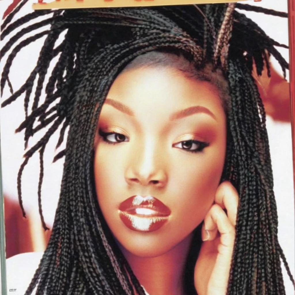 a 1995s album cover, with a photo of brndi, <lora:brndiXL:1> brndi, brndi close up, brndi , ((album cover: "Brandy":1))