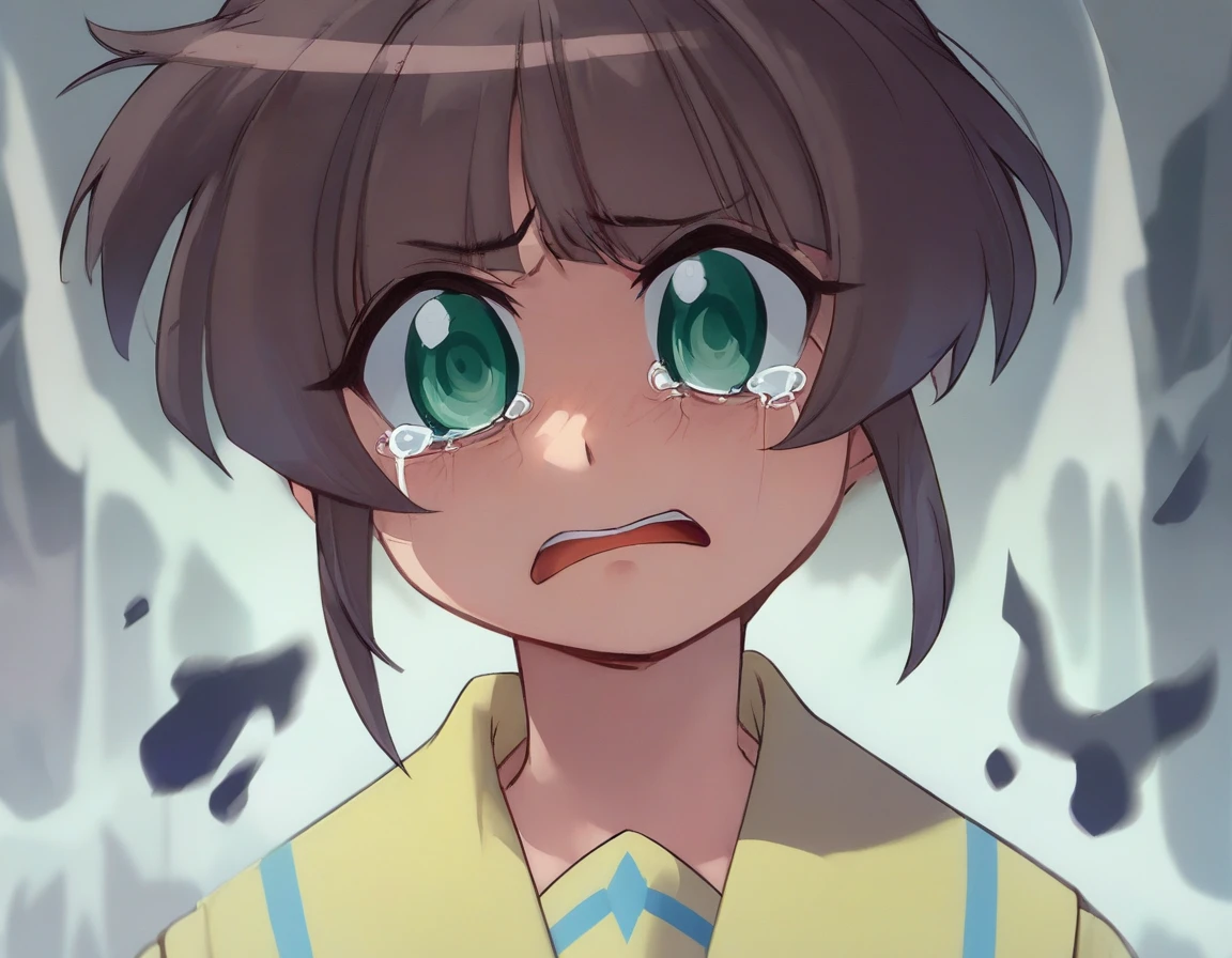 <lora:Smooth Anime 2 Style SDXL_LoRA_Pony Diffusion V6 XL:0.8> score_9, score_8_up, score_7_up, score_6_up, score_5_up, score_4_up, source_anime, BREAK, <lora:Watanuki Hibiki PONY:1> watanuki hibiki, short hair, brown hair, green eyes, yellow school uniform, in a haunted house, ghosts, scared, tears