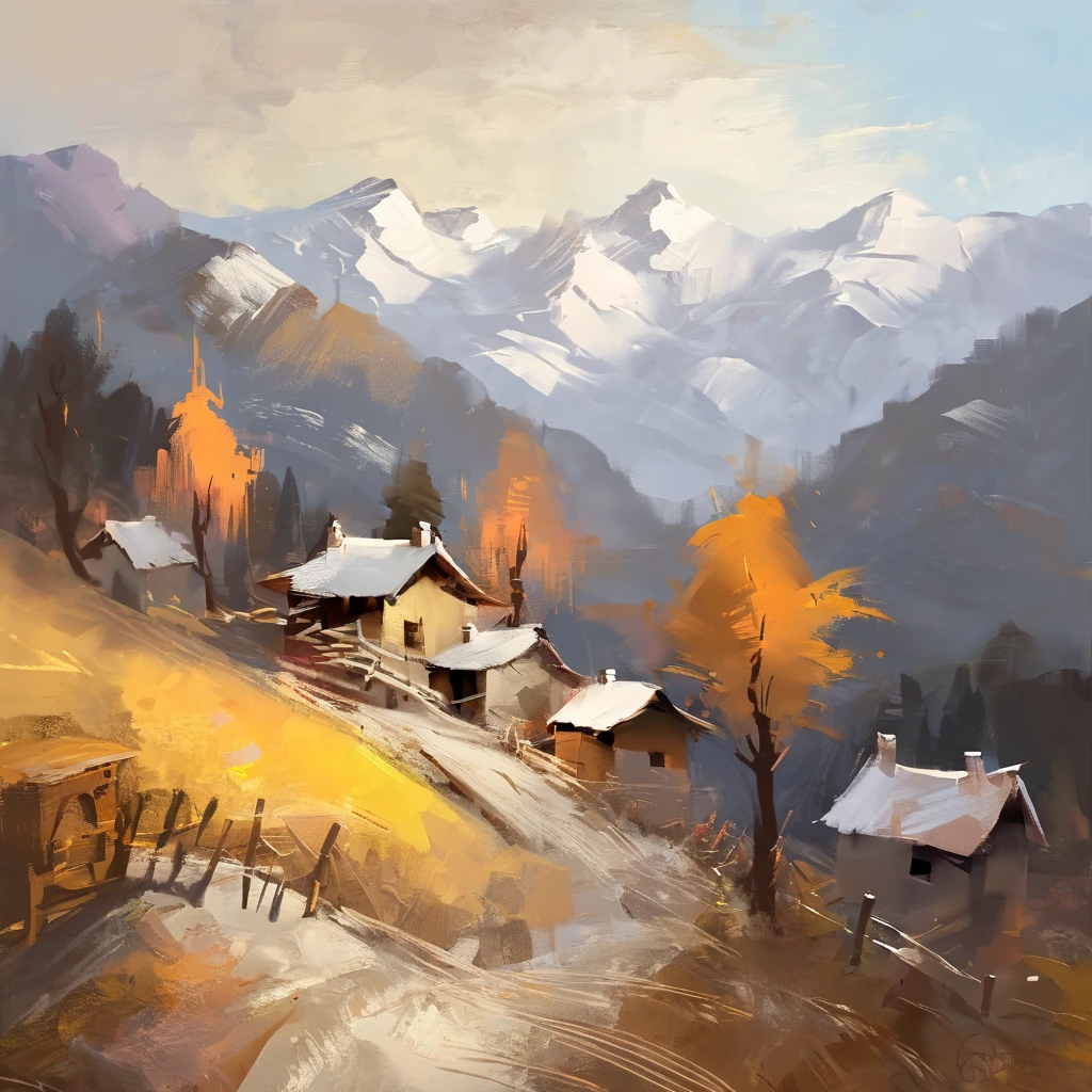 drawix13 expressive acrylic painting, village in the mountains, sharpen <lora:drawix13:1>