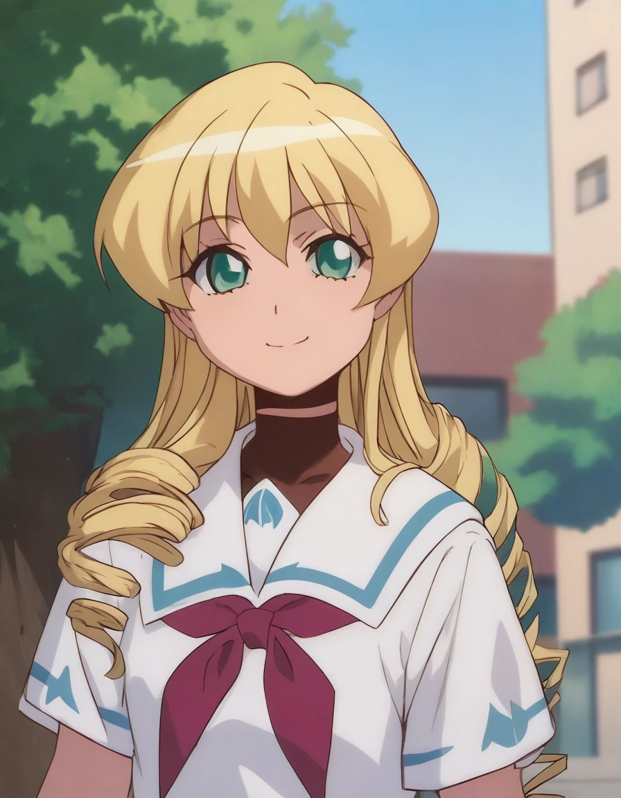 <lora:Smooth Anime 2 Style SDXL_LoRA_Pony Diffusion V6 XL:0.8> score_9, score_8_up, score_7_up, score_6_up, score_5_up, score_4_up, source_anime, BREAK, <lora:Nanjo Misao PONY:1> 1girl, nanjo misao, blonde hair, long hair, white school uniform, green eyes, drill hair, solo, smile