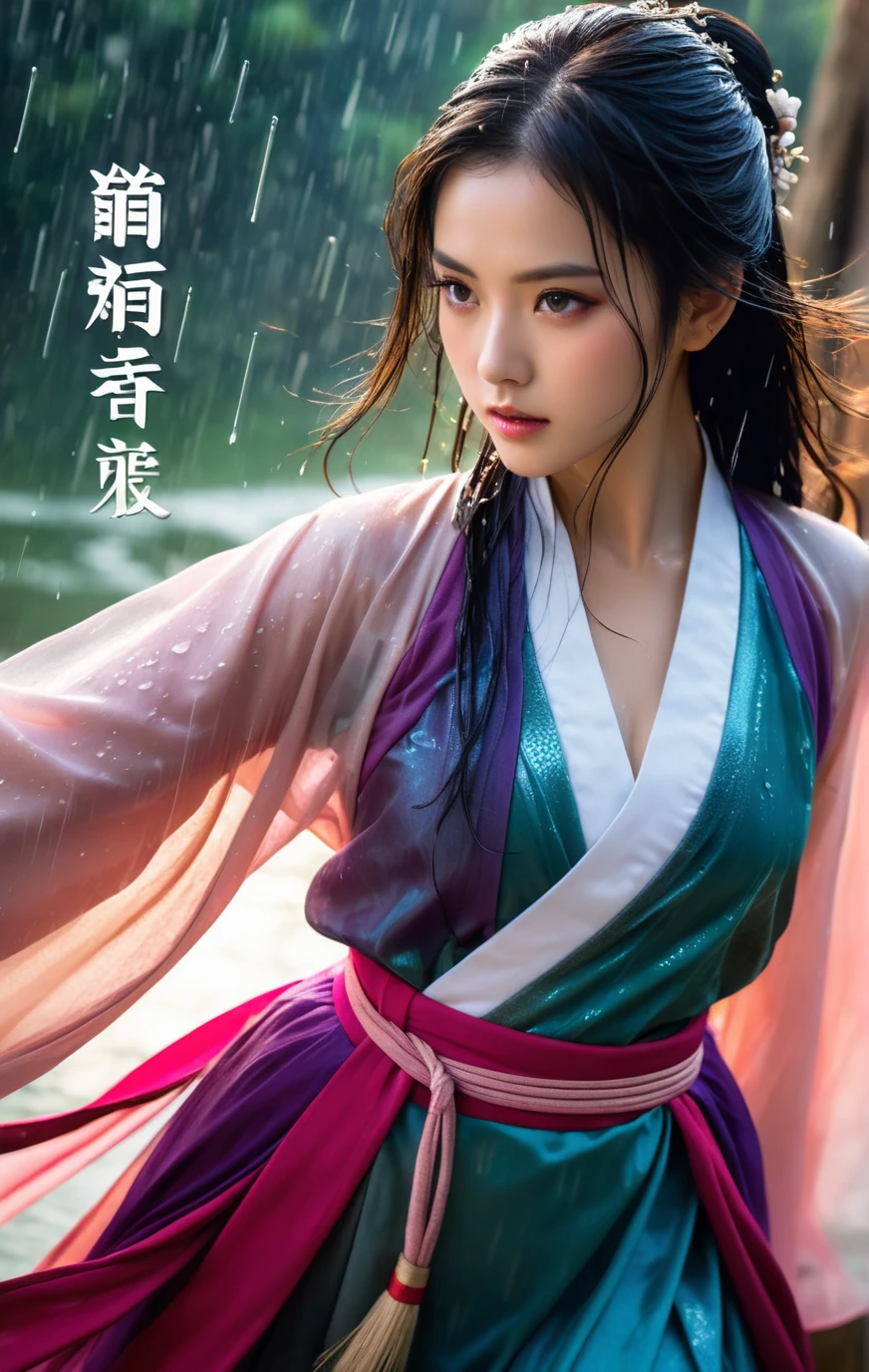 18 y.o beautiful girl and monster,transparent hanfu,masterpiece,best quality,eyes close-up,from_above,best fingers,facing viewer,magnificent,celestial,ethereal,painterly,epic,majestic,magical,fantasy art,cover art,dreamy,elegant,cinematic,background illuminated,rich deep colors,ambient dramatic atmosphere,creative,perfect,beautiful composition,intricate,detailed,
ink and wash,soft backlight,traditional chinese characters,magazine cover,pink long upper shan,heavy rain,exaggerated dynamic posture,wet clothes,glaring,angry,wet_hair,(wet body:1.3),(take the sword:1.4),battle posture,