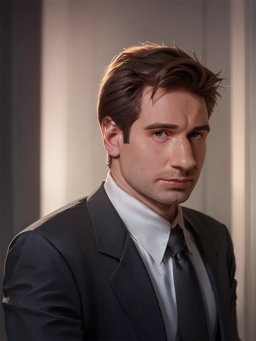 score_9, score_8_up, score_7_up,  realistic, 
foxmulder, man, short hair, brown hair, soft light, black suit, tie,
<lora:FoxMulderPonyXL:0.8>