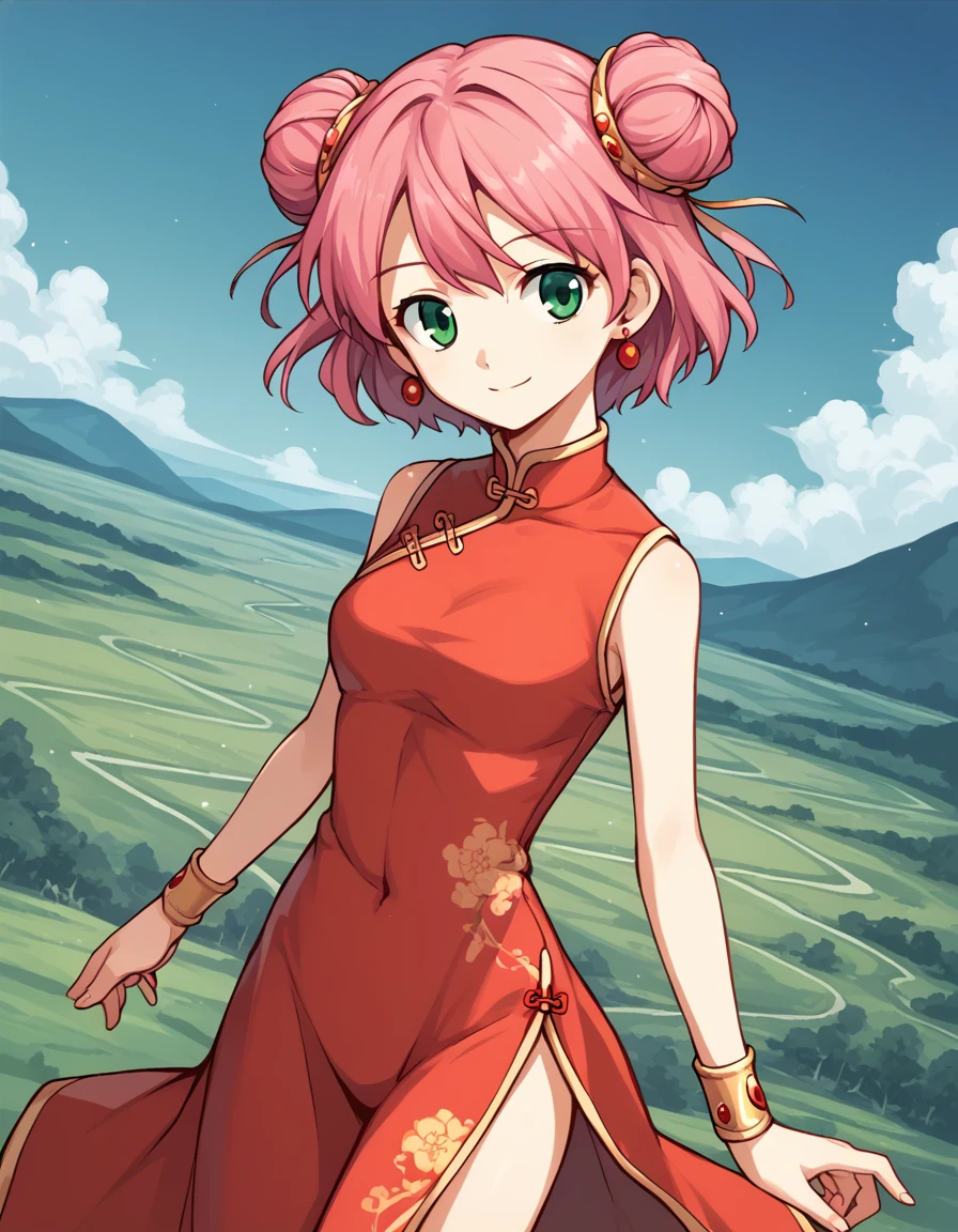score_9, score_8_up, score_7_up, source_anime,
lennacharlottetycoon, <lora:lenna-charlotte-tycoon-ponyxl-lora-nochekaiser:1>,
short hair, green eyes, pink hair,
chineselenna, dress, bare shoulders, jewelry, earrings, hair bun, double bun, chinese clothes, china dress,
outdoors, landscape, smile,
looking at viewer, solo, cowboy shot, dutch angle,