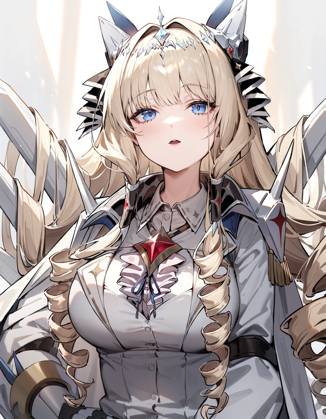 1girl, crown \(nikke\), nikke, blonde hair, blue eyes, crown, drill hair, straight-on, gem, hair ornament, headgear, jewelry, long hair, long sleeves, looking up, shoulder spikes, solo, spikes, upper body, masterpiece, best quality, very aesthetic, absurdres