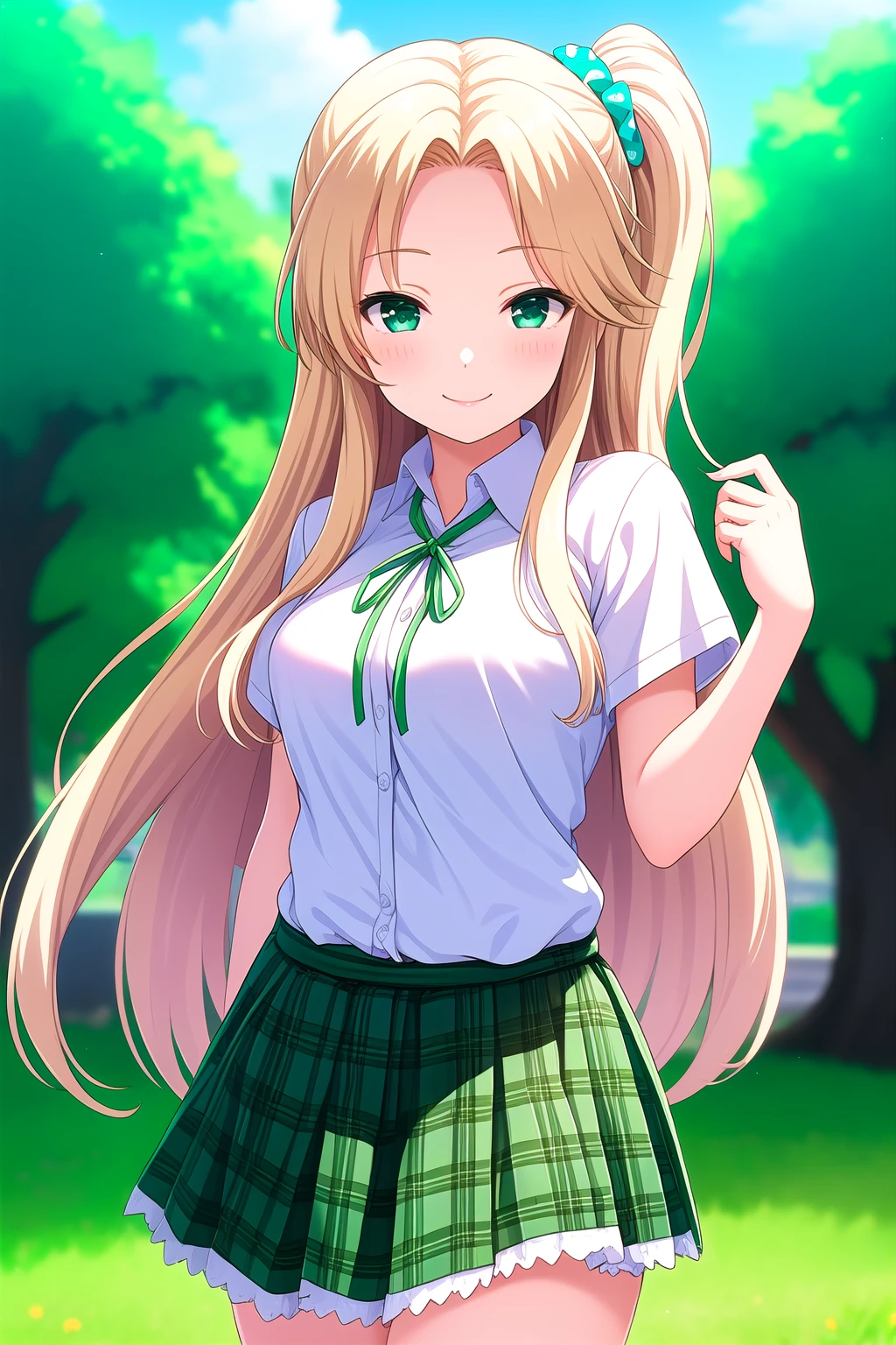 (masterpiece, best quality), highly detailed background, perfect lightingbest quality, hayashidakira, solo, outdoors, school, blonde hair, one side up, hair scrunchie, green scrunchie, polka dot scrunchie, parted bangs, forehead, very long hair, green eyes, medium breasts, green ribbon, neck ribbon, white shirt, short sleeves, green skirt, plaid skirt, school uniform, smile, closed mouth, :), pink lips, <lora:Hayashida-Kira:0.7>