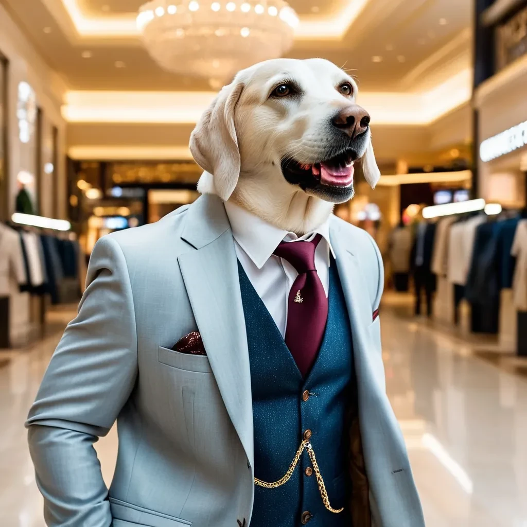 smiling Labrador dog wearing luxury suit shopping in fancy mall <lora:Labrador Dog:1>, Cinematic photography, movie mood, cinematic light, compelling composition, storytelling elements, conveys emotion, mood, and narrative depth, creating visually striking images that feel like still frames from a film