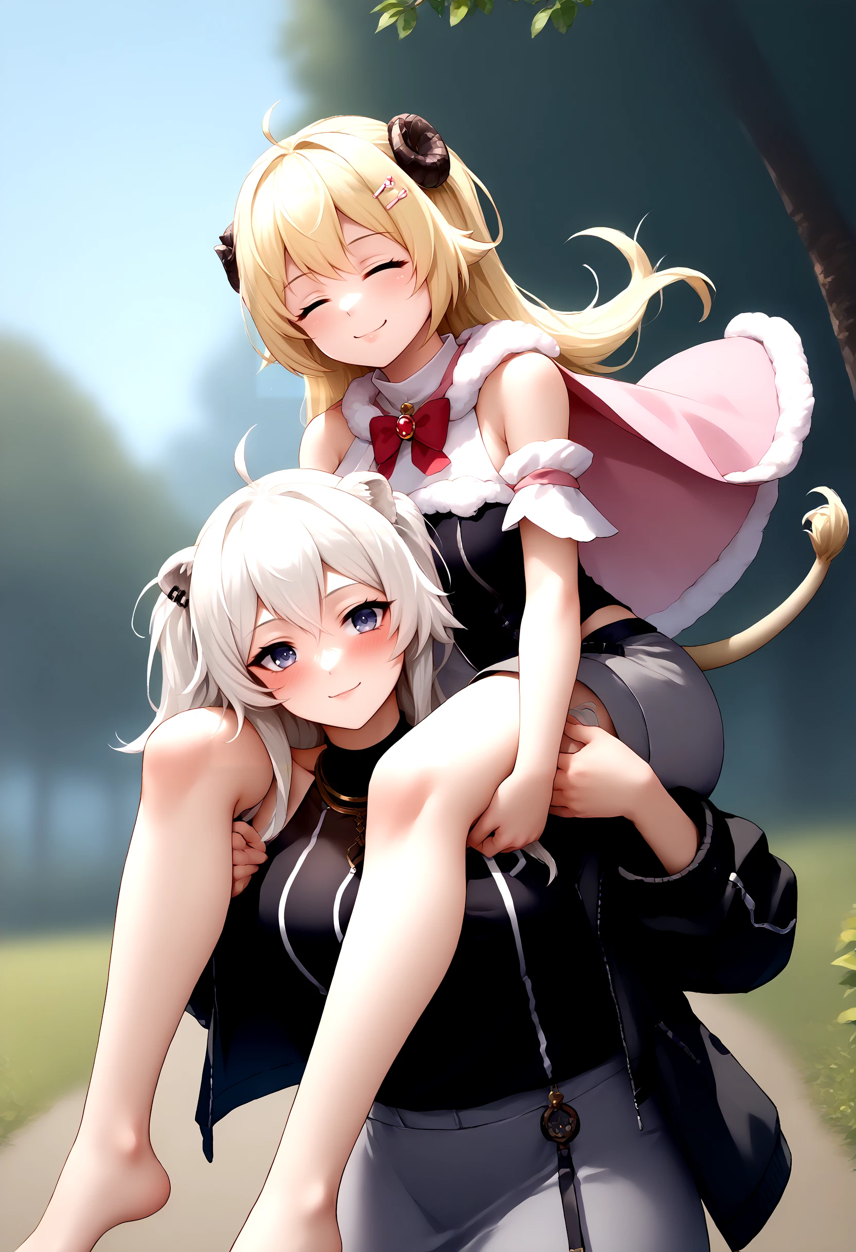 score_9, score_8_up, score_7_up, source_anime, 2girls, carrying, on shoulders, shoulder carry, <lora:Carrying_XLPD:0.55>,
BREAK happy, closed eyes, solo, <lora:last_1:0.85>, WatameBase, very long hair, ahoge, hairclip, fur-trimmed dress, short dress, red bowtie, detached sleeves, pouch, fur-trimmed cape, pink cape,
BREAK seductive smile, blush, <lora:ShishiroBotanPDXL:0.85>, BotanBase, long hair, two side up, ear piercing, lion tail, necklace, black shirt, sleeveless shirt, midriff, see-trough, grey skirt, single leg pantyhose, pantyhose, fur-trimmed jacket, black jacket, off shoulder, white hair,