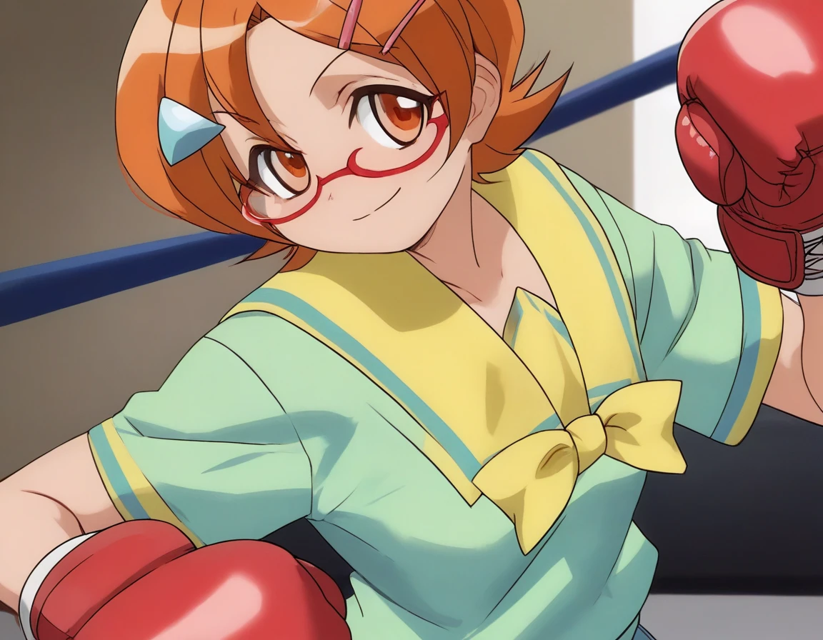 <lora:Smooth Anime 2 Style SDXL_LoRA_Pony Diffusion V6 XL:0.8> score_9, score_8_up, score_7_up, score_6_up, score_5_up, score_4_up, source_anime, BREAK, <lora:Uehara Miyako v2 PONY:1> 1girl, uehara miyako, school uniform, glasses, green shirt, yellow sailor collar, hair ornament, short hair, orange hair, orange eyes, in a boxing match, spiked boxing gloves, evil smile