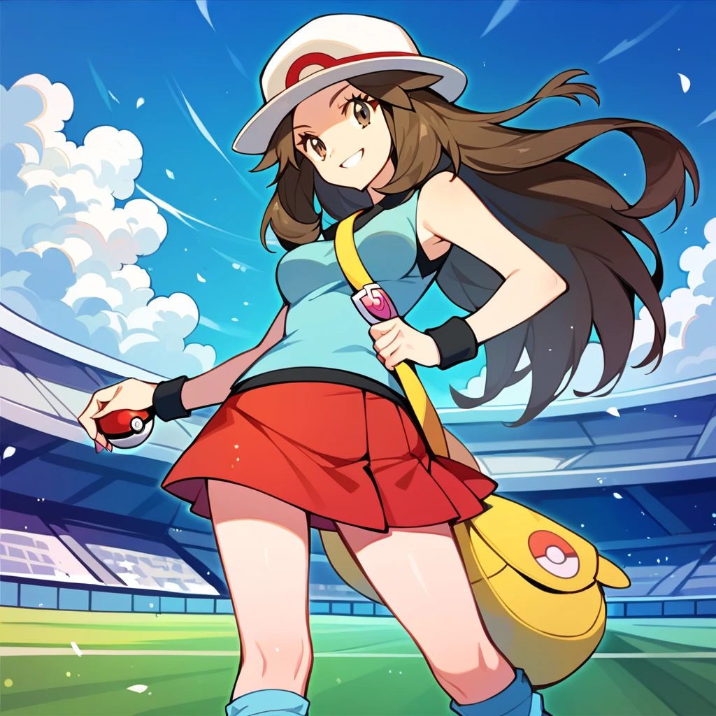score_9, score_8_up, score_7_up, score_6_up, best quality, source_anime, cel shading, flat color, vector, detailed background, blue background, stadium, clouds, green floor, BREAK 1girl, solo, leaf_(\pokemon\), brown hair, long hair, brown eyes, white hat, blue sleeveless shirt, red skirt, blue socks, yellow duffle bag, wristbands, medium breasts, action pose, one hand on hip, smile, holding poke ball, <lora:PDXL_Leaf_PKMN:1>