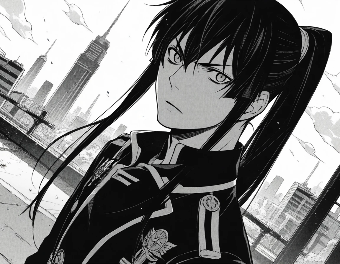score_9, score_8_up, score_7_up, source_anime,
yuukanda, <lora:yuu-kanda-manga-ponyxl-lora-nochekaiser:1>,
yuu kanda, long hair, monochrome, ponytail, greyscale, male focus,
gloves, uniform, military, military uniform,
outdoors, cityscape,
looking at viewer, solo, cowboy shot, dutch angle,
