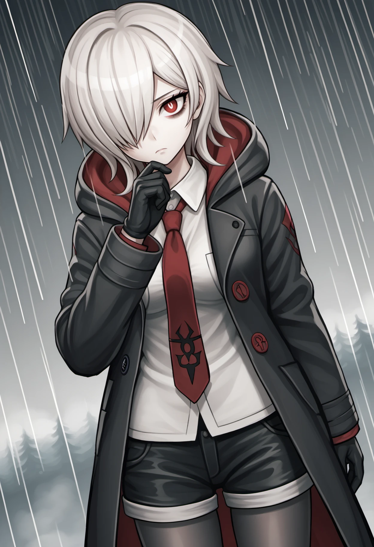 score_9, score_8_up, score_7_up, score_6_up, source_anime, BREAK dutch angle, grey theme, fog, rain, simple background, 1girl, white hair, medium hair, hair over one eye, red eyes, white pupils, (bags under eyes:0.8), black coat, hooded coat, long sleeves, white shirt, collared shirt, medium breasts, red necktie, black half gloves, short shorts, black shorts, black pantyhose, standing, hand on own chin, head tilt, looking at viewer, expressionless, <lora:komatsuzakirui-PDXL-v2-10:1>