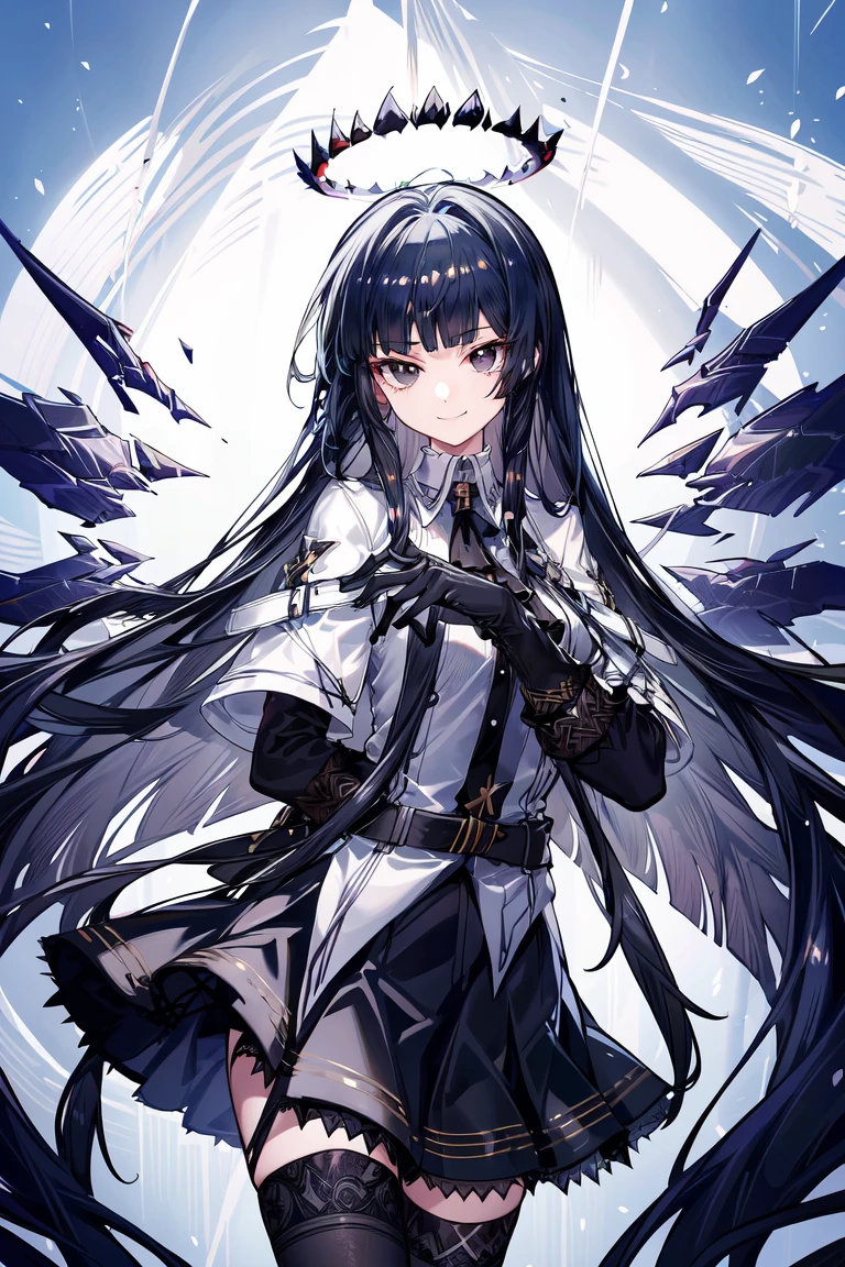 <lora:virtuosa:0.7>,1girl,solo,long hair,bangs,black hair,looking at viewer,very long hair,gloves,black gloves,halo,blunt bangs,closed mouth,wings,black skirt,black eyes,thighhighs,white shirt,best quality,masterpiece,absurdres,highres,smile,<lora:add_detail:0.6>,
