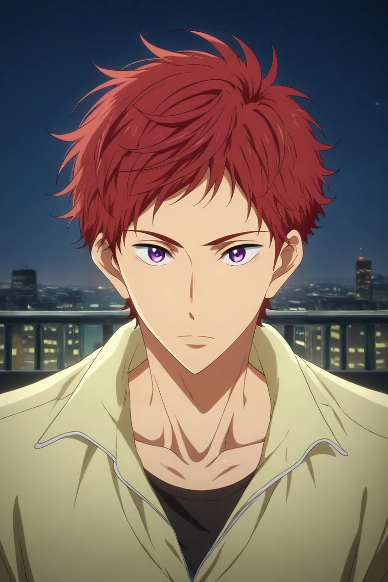 score_9, score_8_up, score_7_up, source_anime, rating_safe, intricate details, semi-realistic, looking at viewer, , 1boy, solo, male focus, <lora:asahi_shiina_pony:0.88>, asahi_shiina, red hair, purple eyes, short hair, asymmetrical, city, city lights, indoors, standing, sparkling eyes, , <lora:sdxl_lightning_8step_lora:1>