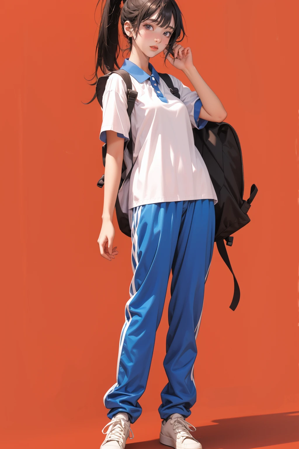 1girl,solo,full body,red background,standing,,ruanyi0533,backpack,blue pants,collared shirt,short sleeves,striped,sneakers,high ponytail,<lora:0533 Shen Jiayi_v1:1>, best quality,masterpiece,highres,official art,extremely detailed cg unity 8k wallpaper