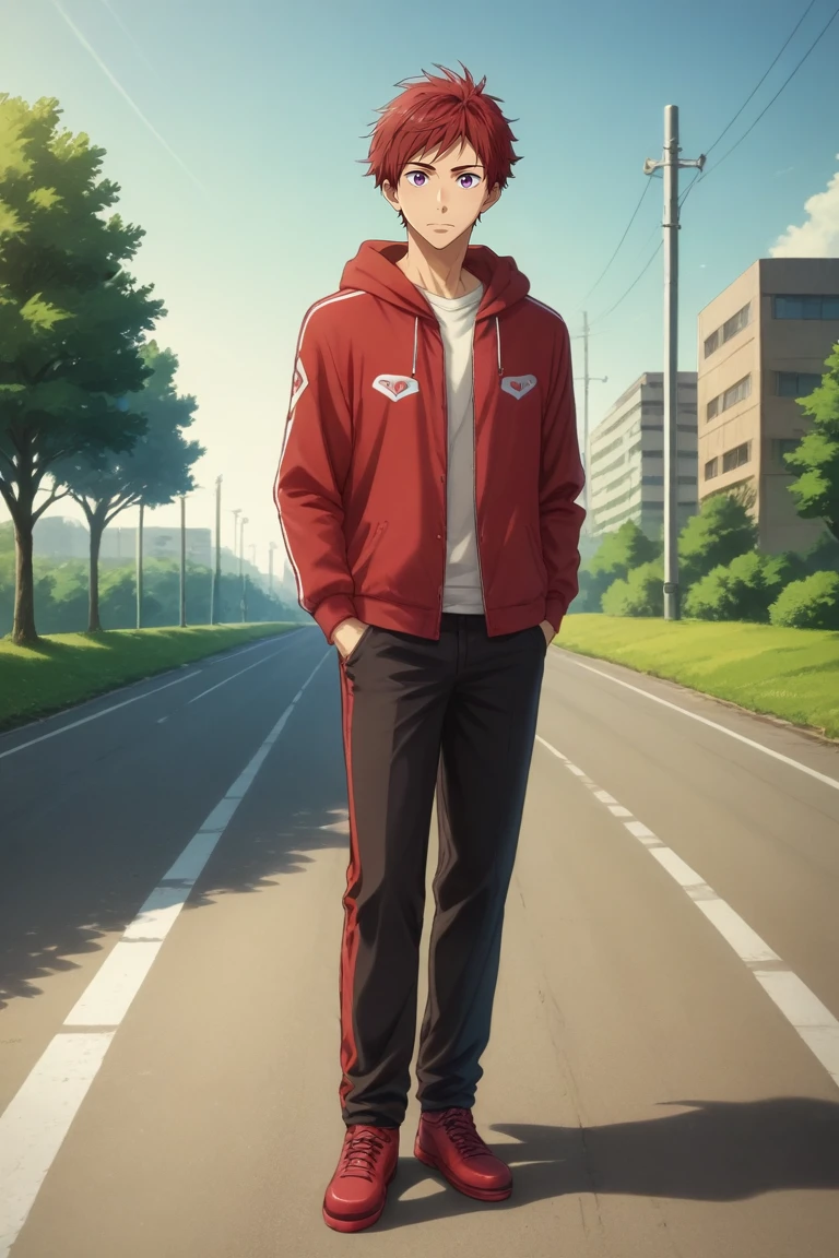 score_9, score_8_up, score_7_up, source_anime, rating_safe, , (realistic:0.6), looking at viewer, , 1boy, solo, male focus, <lora:asahi_shiina_pony:0.76>, asahi_shiina, red hair, purple eyes, short hair, wide angle, wide shot, full body, highway, day, arms at sides, wavy mouth, jester costume, <lora:sdxl_lightning_8step_lora:1>