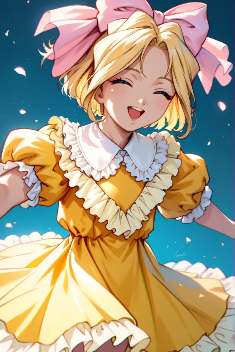 score_9, score_8_up, score_7_up, very aesthetic, source_anime, detailed, high quality, beautiful, masterpiece, detailed eyes,
simple background, blurry background,
<lora:lightXL:0.8>
cowboy shot, upper body,
open arms, running, spread arms, closed eyes, smile, open mouth,
<lora:iris_autismConfetti_v01:0.95>flat chest,
irisBase, blonde hair, blue eyes, hair bow, pink bow, short hair, parted bangs,
yellow dress, frills, white puffy sleeves, short sleeves, layered dress, lace white socks,, zPDXL
