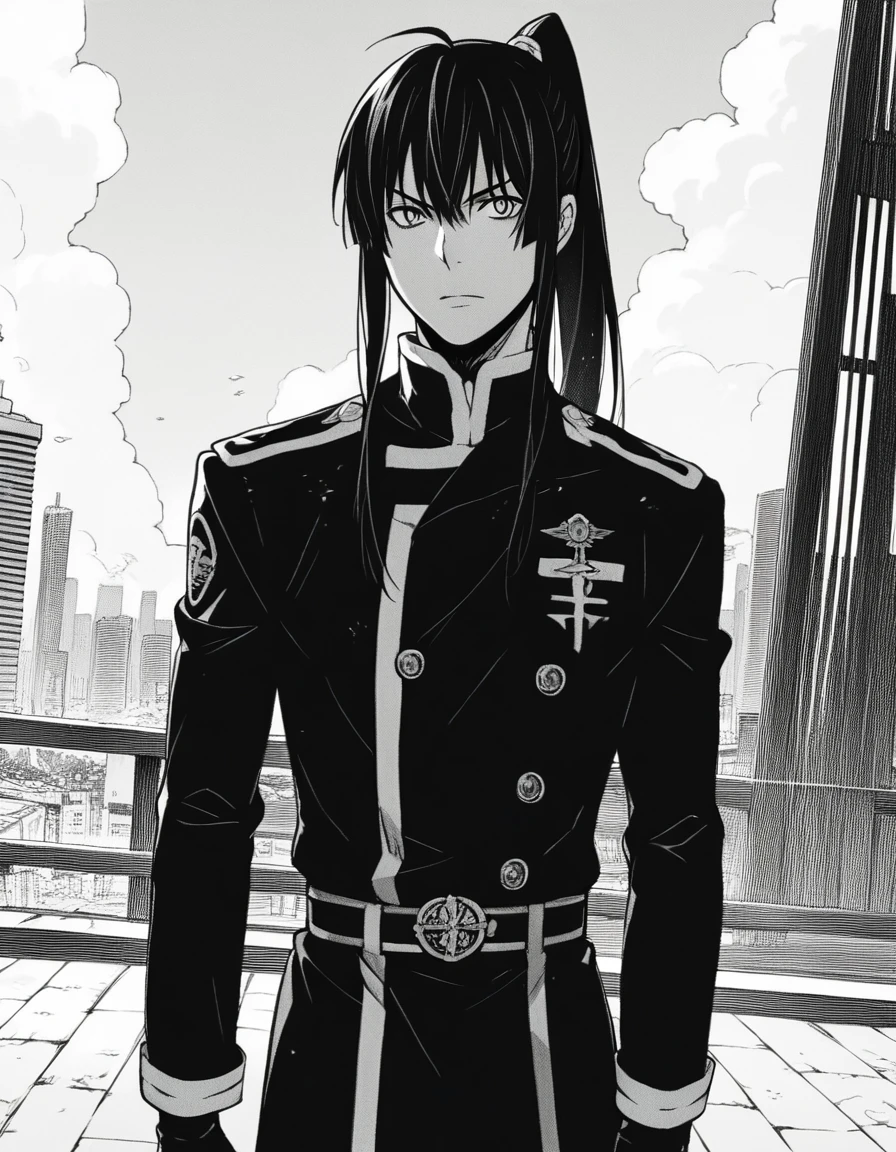 score_9, score_8_up, score_7_up, source_anime,
yuukanda, <lora:yuu-kanda-manga-ponyxl-lora-nochekaiser:1>,
yuu kanda, long hair, monochrome, ponytail, greyscale, male focus,
gloves, uniform, military, military uniform,
outdoors, cityscape,
looking at viewer, solo, cowboy shot, dutch angle,