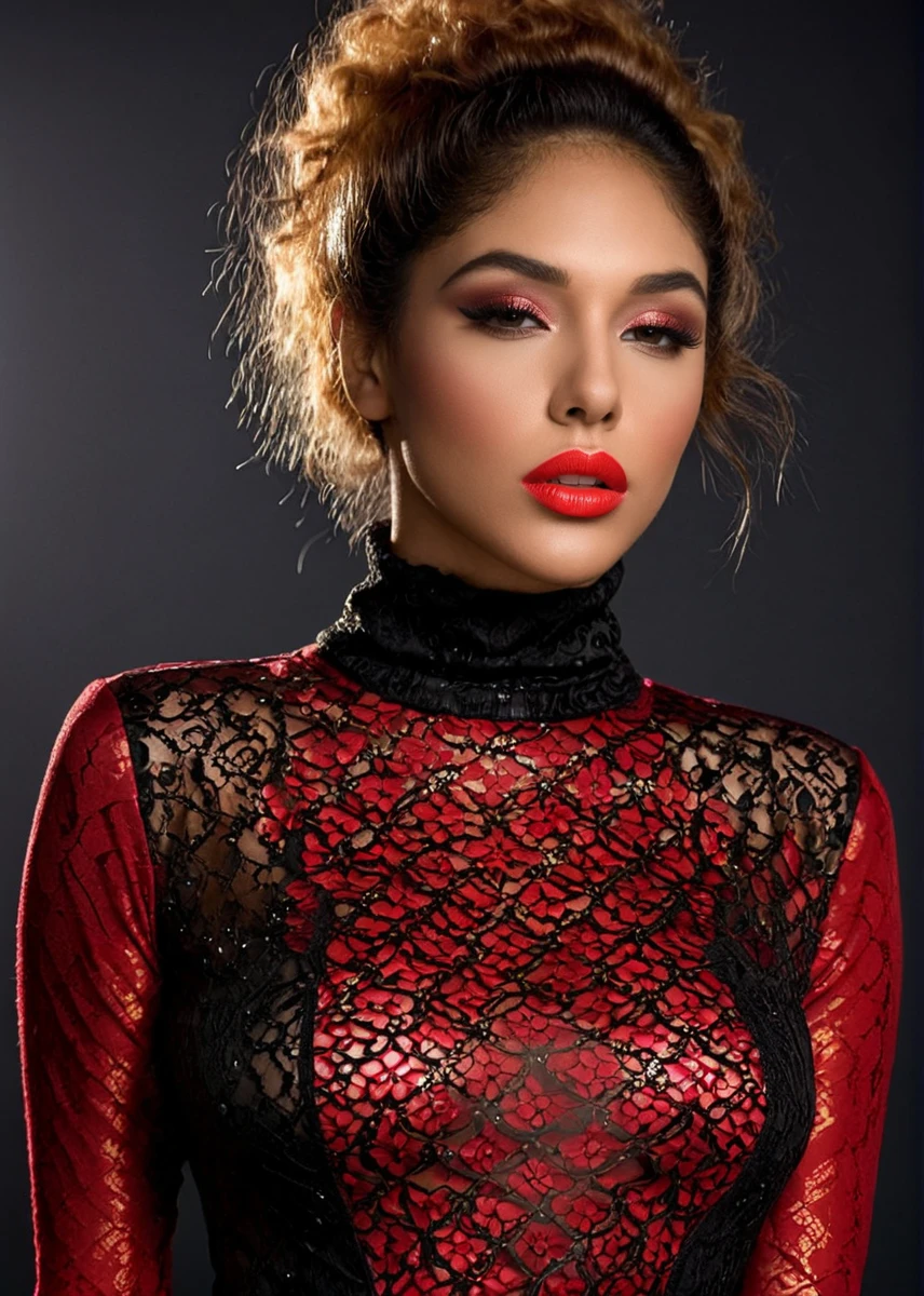fashion editorial style, (((full body))) of A captivating masterpiece of an woman, (((dressed in a red turtleneck Blouse))), open hair, The intricate lace and gold details exude a very rebellious aura. ((A bold and daring makeup look featuring ombre lips that transition from a deep, dark red at the center to a glossy black at the outer edges. The lips are expertly lined and filled in with precision, creating a gradient effect that is both edgy and sophisticated)). ((The use of high-shine gloss adds a touch of glamour and dimension to the look)), ((while the deep red and black hues give it a dramatic, vampy vibe)), low-key photography:1.3, one rim side light, narrow lighting, only one light source, facing camera, shallow depth of field, high fashion, trendy, stylish, professional, highly detailed, 8K, <lora:MS_NajaIrie_SDXL:0.8>