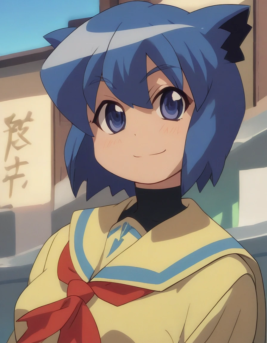 <lora:Smooth Anime 2 Style SDXL_LoRA_Pony Diffusion V6 XL:0.8> score_9, score_8_up, score_7_up, score_6_up, score_5_up, score_4_up, source_anime, BREAK, <lora:Serizawa Akane PONY:1> 1girl, serizawa akane, short hair, blue hair, blue eyes, animal ears, (yellow school uniform), solo, smile