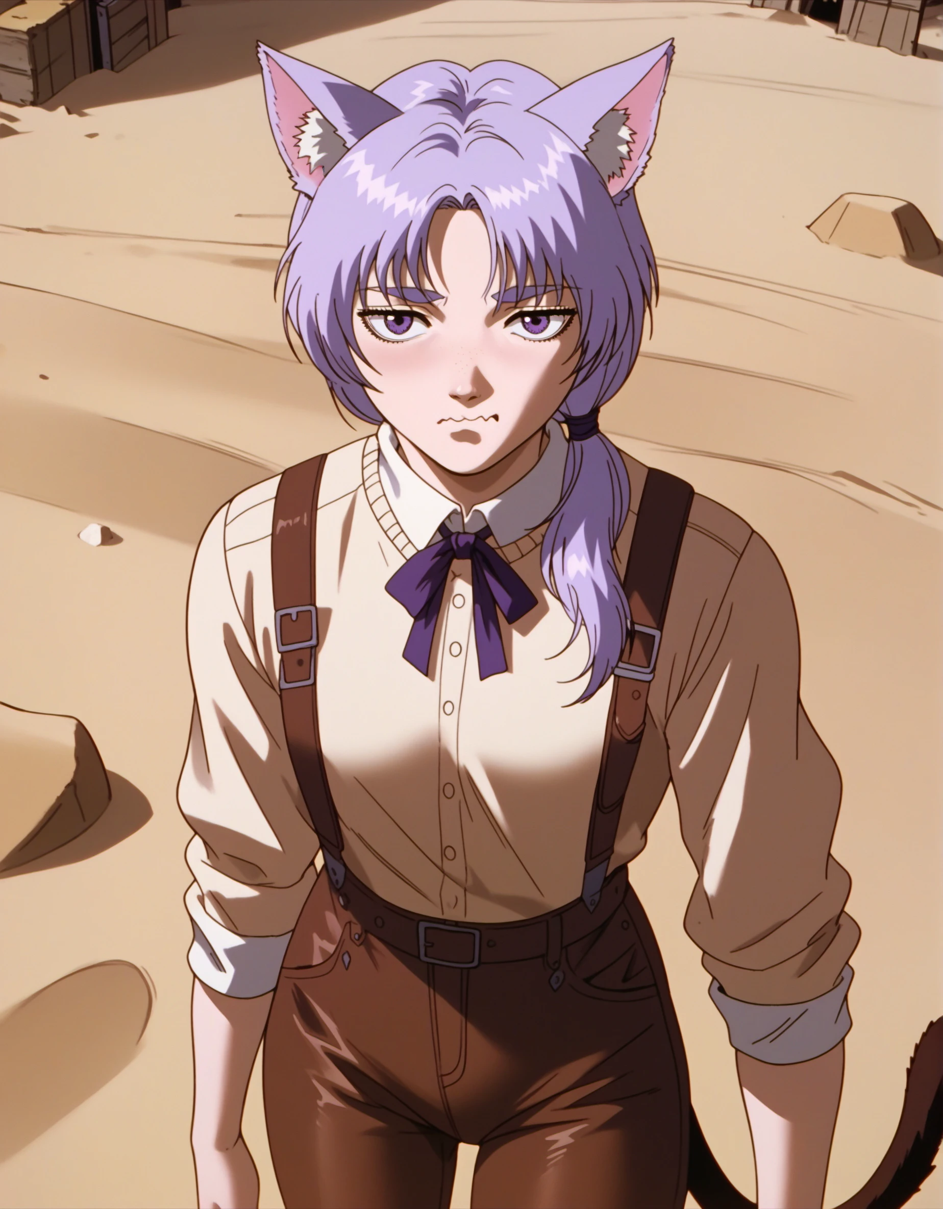 BZRSTV, (score_9, score_8_up, score_7_up, score_6_up, source_anime:0.7), 1girl, catgirl, purple eyes, wavy mouth, braided bangs, bright purple hair, sweater, chaps, neck ribbon, low ponytail, sand, outdoors, construction site, white animal ear fluff