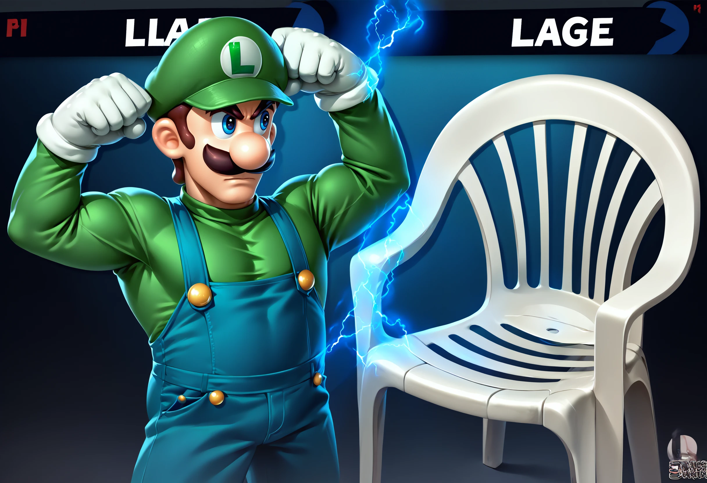 score_9, score_8_up, score_7_up, source_anime, incrsssbuvs, electricity, <lora:SSBUVSScreen_XLPD:0.5>,
BREAK 1boy, <lora:Luigi_XLPD:0.8> Incrsluigi, luigi, green headwear, blue overalls, white gloves, long sleeves, muscular male, flexing,
BREAK <lora:PlasticChair_XLPD:1>, plastic chair, no humans,