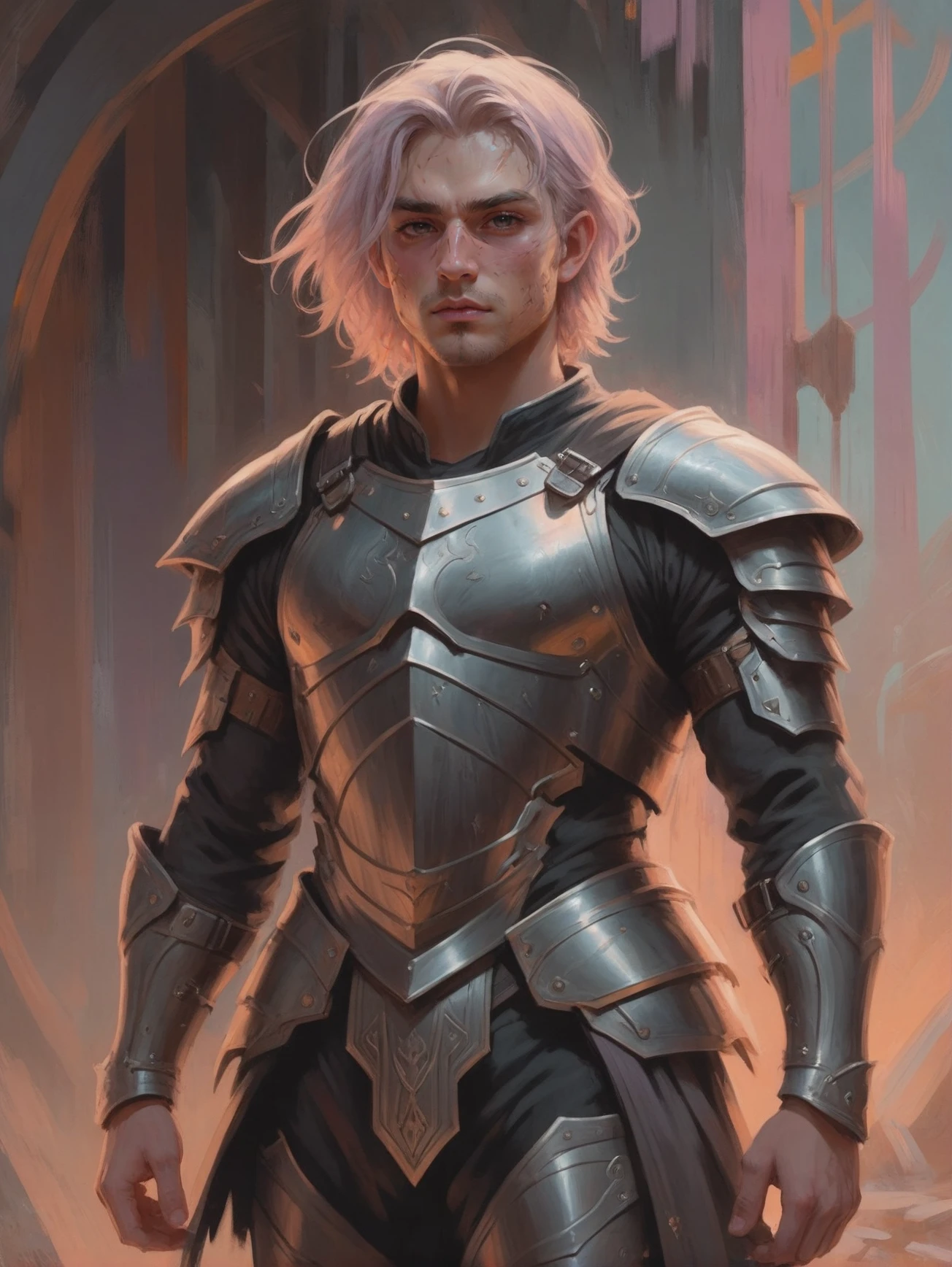 impressionist digital painting, (full body:1.2), 1boy, man, ruggedly handsome, solo, [:fantastical costume design,:0.2] warrior, (runed mithril plate armor,shield:1.2), caucasian, light lavenderblush hair, (muscular:1.3) build, historic scifi hamlet beyond the beginning of the multiverse<lora:EnvyStarlightGoldenHour01:1>