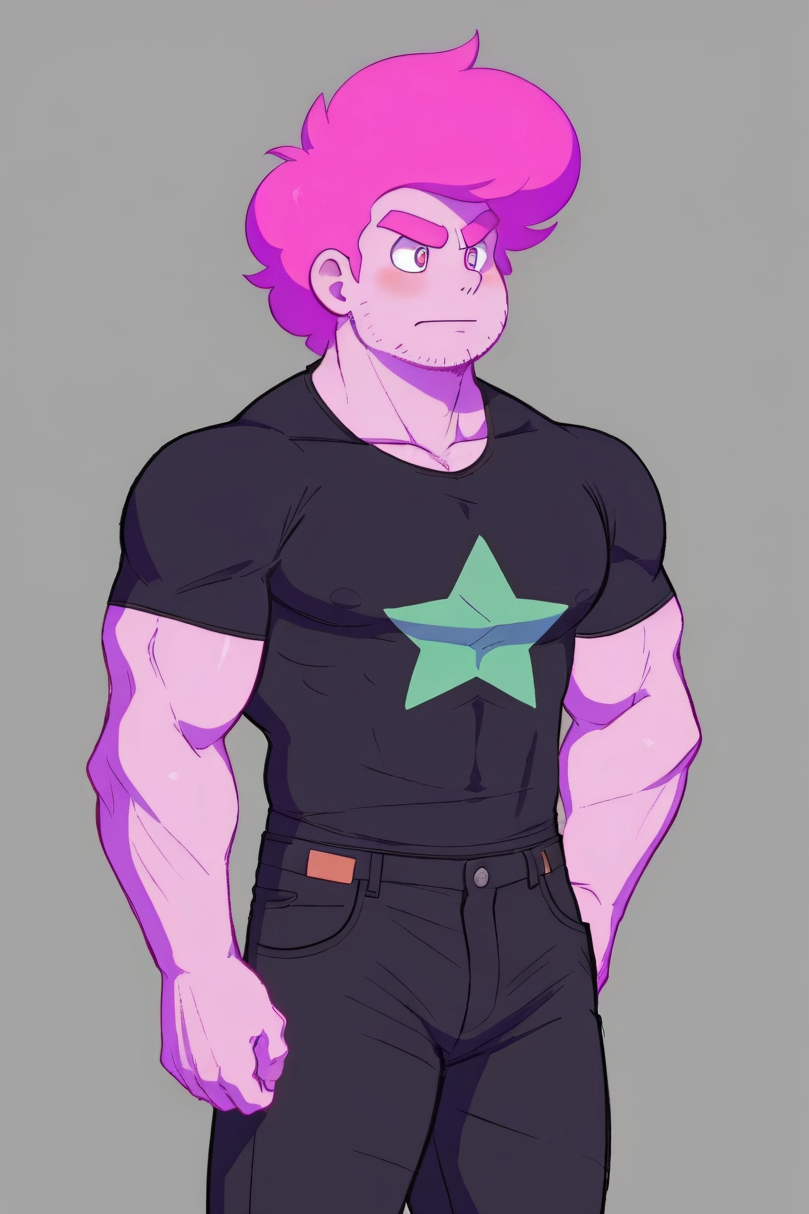 short clothes, short shirts, pants, star on the chest, big top hair, bright boy, hair pink, Steven, body, face, male, (masterpiece:1), high details, high quality, ultra quality, highly detailed, ultra HD, <lora:Pink Steven:0.66>