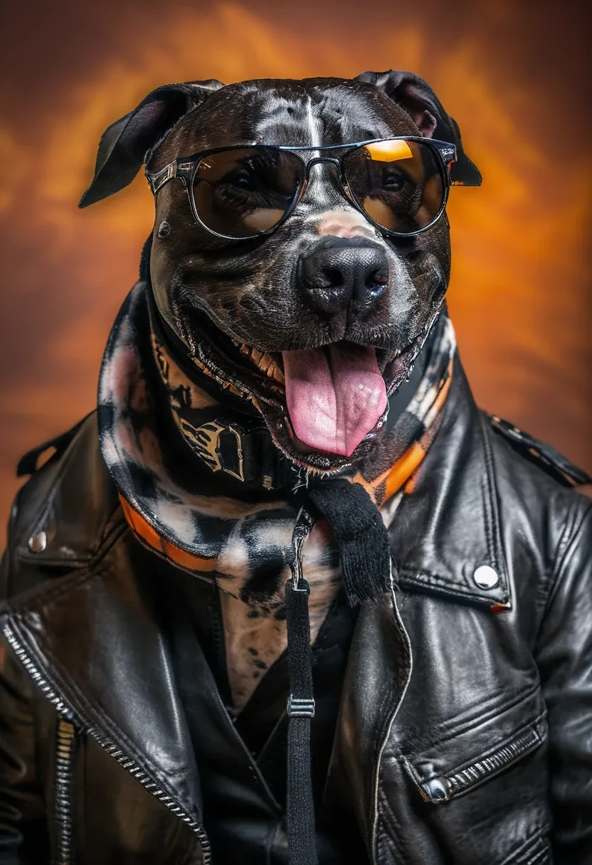 high quality, professional portrait photo of a happy Black Pitbull wearing a leather motorcycle jacket with a checkered scarf and (black Rayban Wayfarer sunglasses:1.2), tongue hanging out of mouth, vivid reflections, ultra detailed, insane texture, HDR, focus stacking, soft bokeh, 8K, award winning studio photography, (dark rim lighting:1.2), orange smokey glow background, cinematic, vignette <lora:Black_Pitbull_Dog:1> <lora:MJ52:0.4>