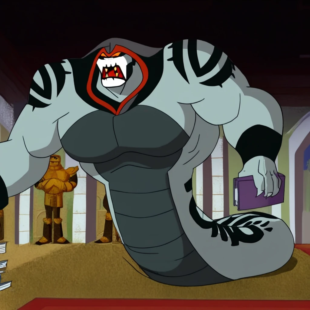 Hex Snake, snake, serpentine, naga, 1boy, muscular male, large pectorals, large muscles, tattoos, facial markings, yellow sclera, red pupils, angry, open mouth, fangs, looming over viewer