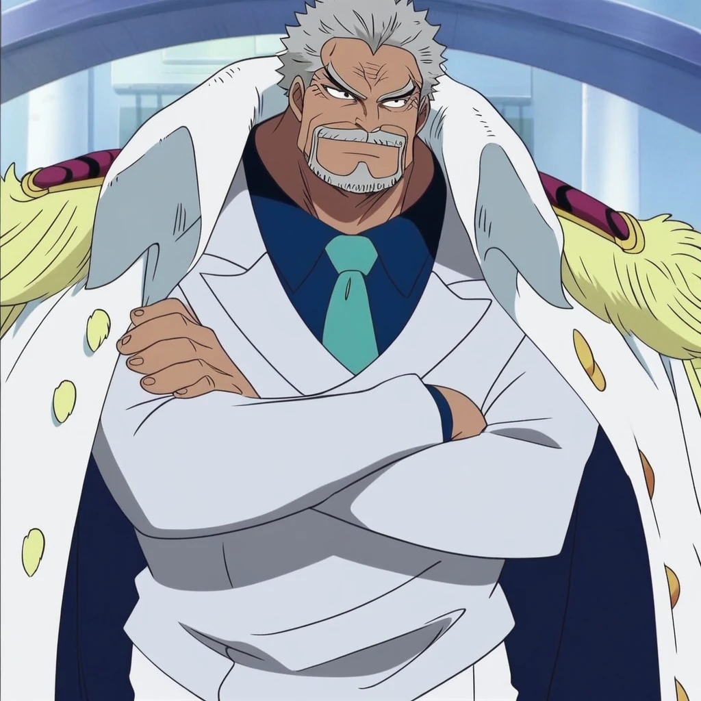 1boy, Garp, male focus, solo, gray hair, beard, mustache, necktie, white pants, epaulettes, crossed arms, official art, portrait,