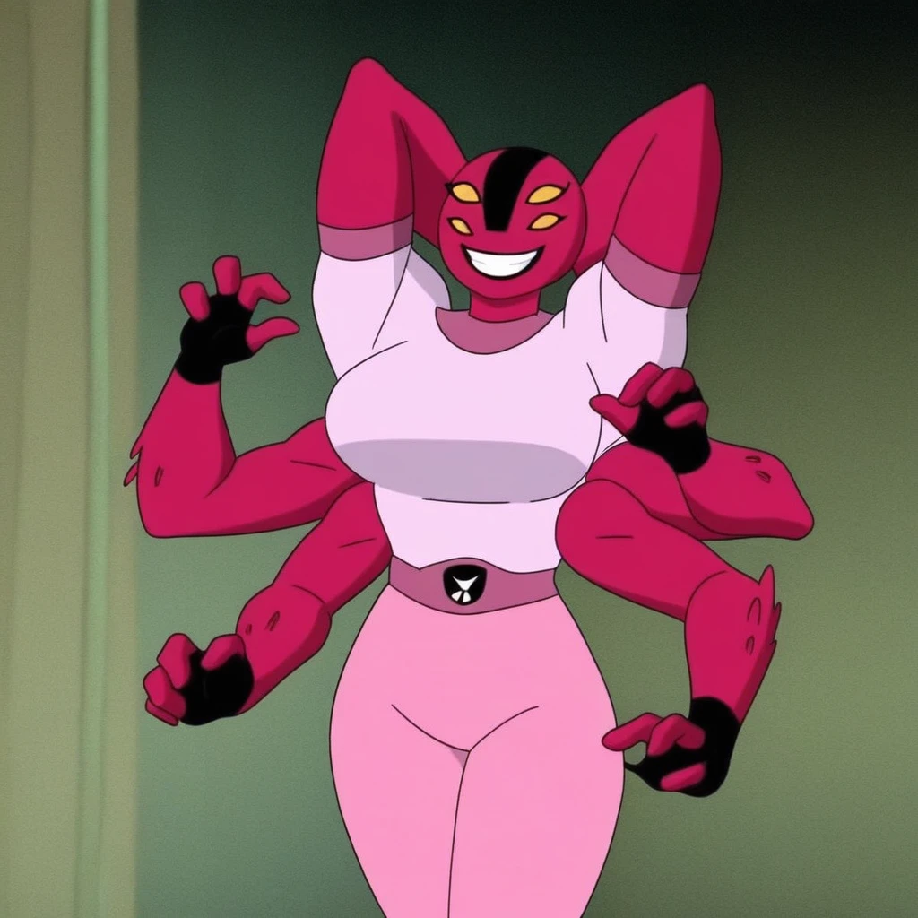 4arms, 1girl, female, pink outfit, smile