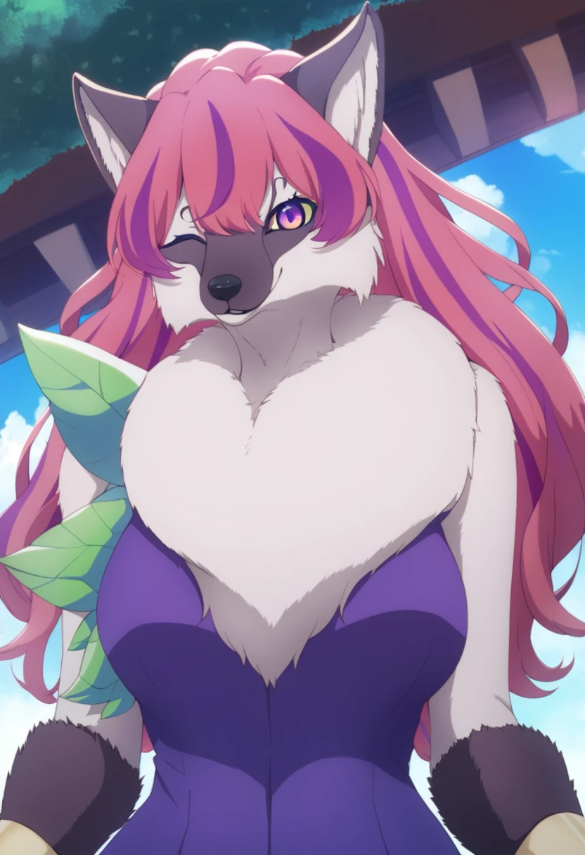 score_9, score_8_up, score_7_up, (solo), best quality, (thick lines), anime, front view, (solo),  park background, blue sky, clouds
BREAK
tall athletic kemono female anthro fox, grey fur, (chest tuft):1.2, extremely fluffy, bracelet, leaf shoulderpad, wink, smile, purple clothing, caterina-sue,  <lora:caterina_lora:1>, detailed eyes, purple eyes