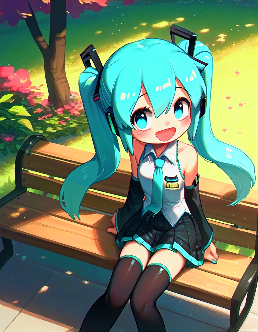score_9, score_8_up, score_7_up,score_6_up, rating_safe, a girl sitting on a park bench, detached sleeves, black skirt, black thighhighs, smile, open mouth, blush, dutch angle, hatsune miku, <lora:porforever_style_pony6_v1:.9>,