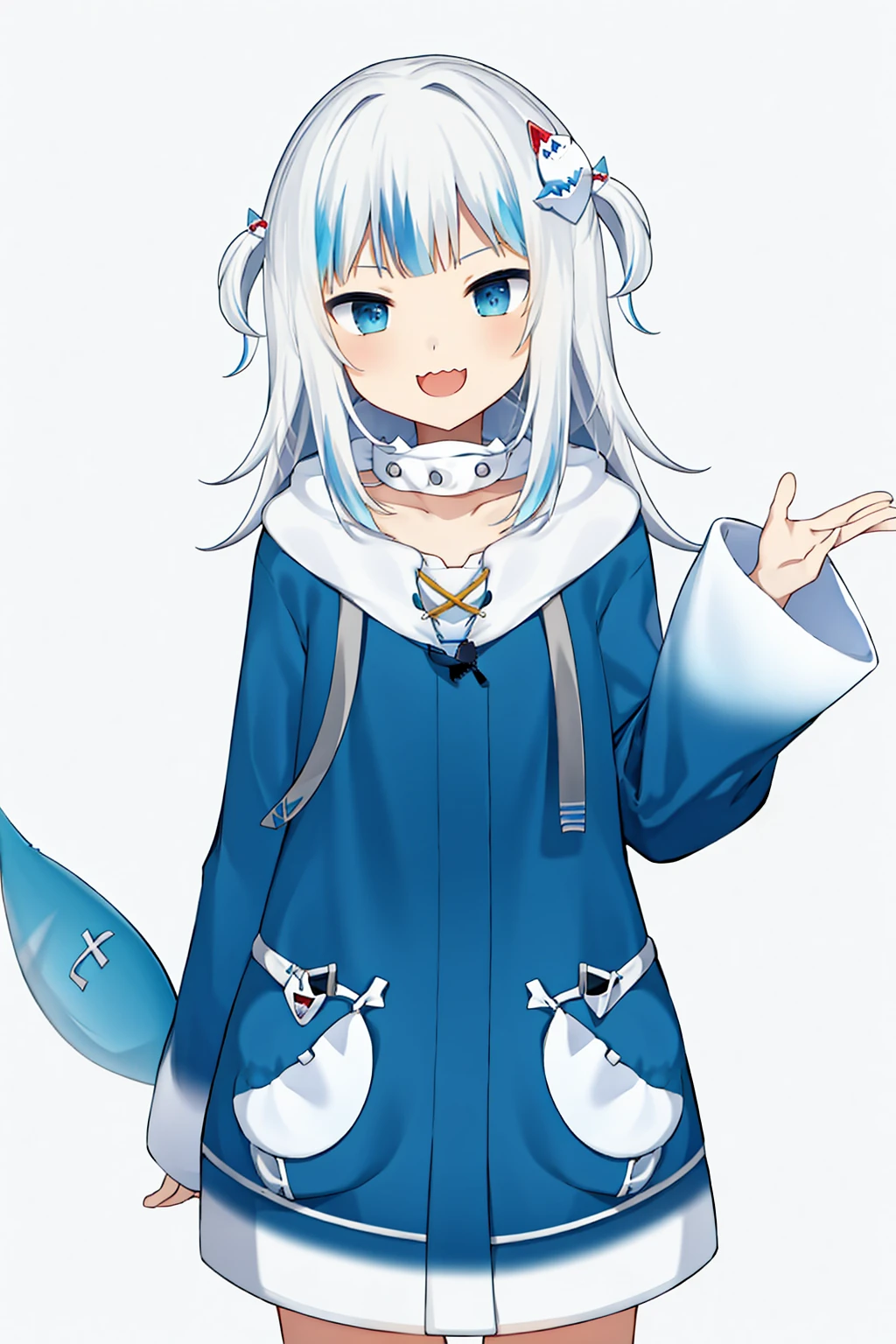 <lora:gura_v1.1-000010:0.9>, gawr gura, gura_shark_outfit, 1girl, solo, best quality, masterpiece, highres, looking at viewer, cowboyshot, blue shark-themed clothing, blue shark hoodie, white hair, white headband, shark tail, (solid white background:1.3 ), hair ornament, smile, front view, (close mouth)
