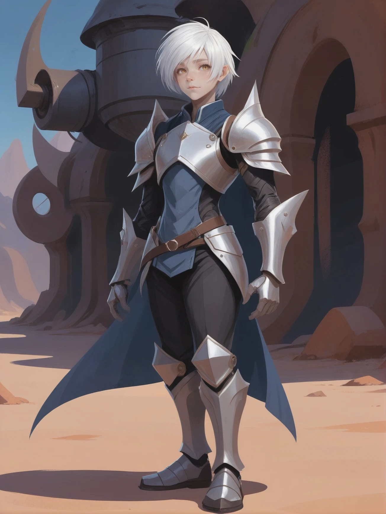 stylized digital painting, (full body:1.2), 1boy, man, solo, [:fantastical costume design,:0.2] mystic, (shiny steel plate gauntlets,greaves,pauldrons,armor:1.2), albino, slateblue hair, (slim:1.1) build, rustic scifi town in a Helium-3 Mining Sites<lora:EnvyStarlightStylized01:1>