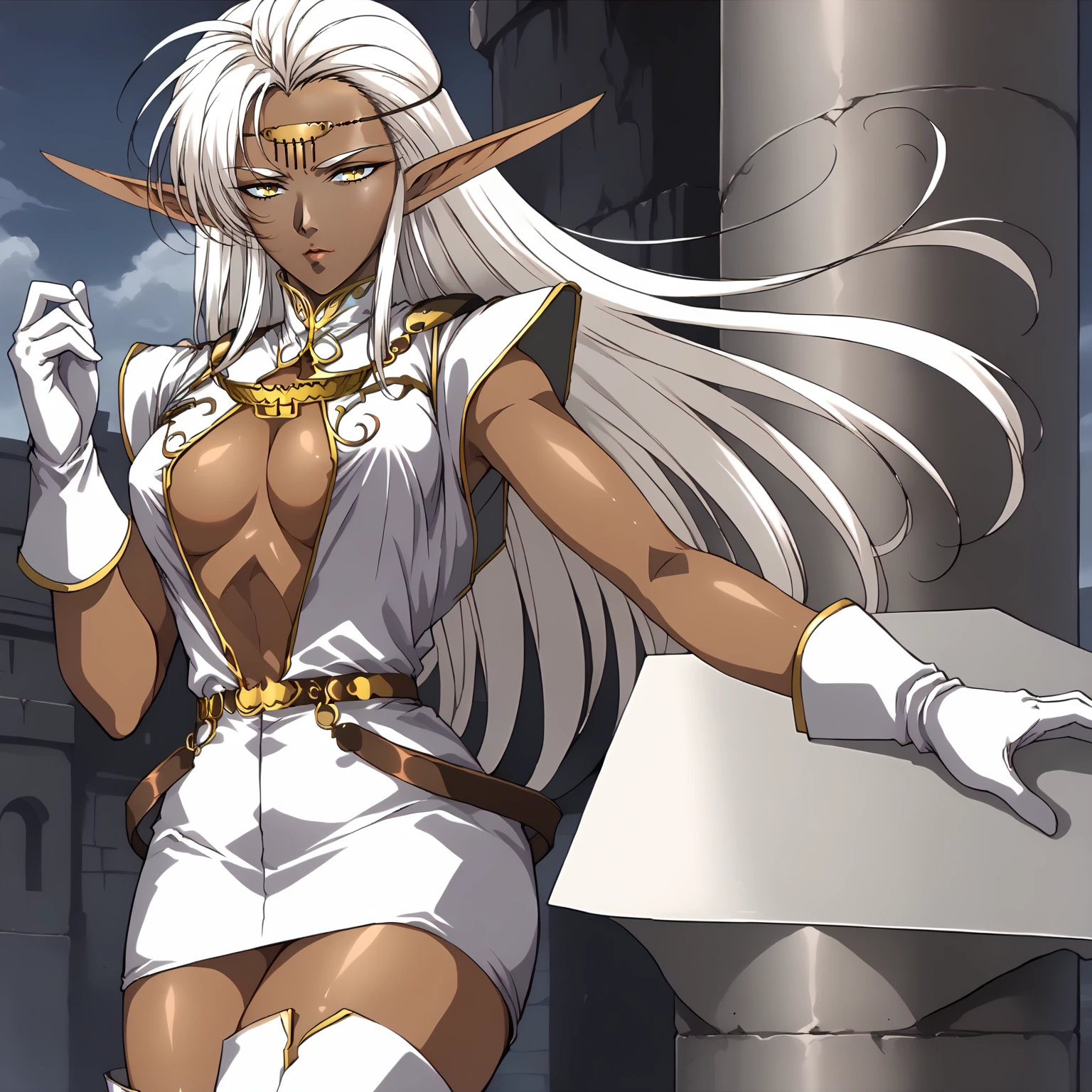 <lora:PirotessXLpony001>,
solo,
Pirotess,1girl,elf,long hair,white hair,circlet,yellow eyes,dark skin,
cleavage,breasts,turtleneck,center opening,white dress,short dress,sleeveless,
belt,skirt,
white gloves,
zettai ryouiki,thigh boots,high heels,