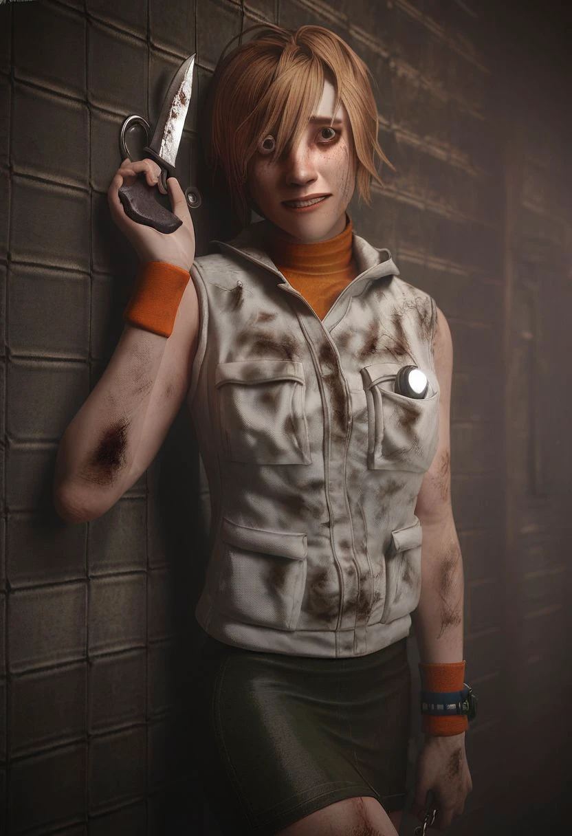 Score_9_up, score_8_up, score_7_up, 1girl, heather mason, solo, blond hair, brown eyes, freckles, white vest, orange sleeveless turtleneck, green pencil skirt, wristband, wristwatch, dirty body, (holding knife) creepy smile, scared, grungy, factory, chain link fence, Expressiveh